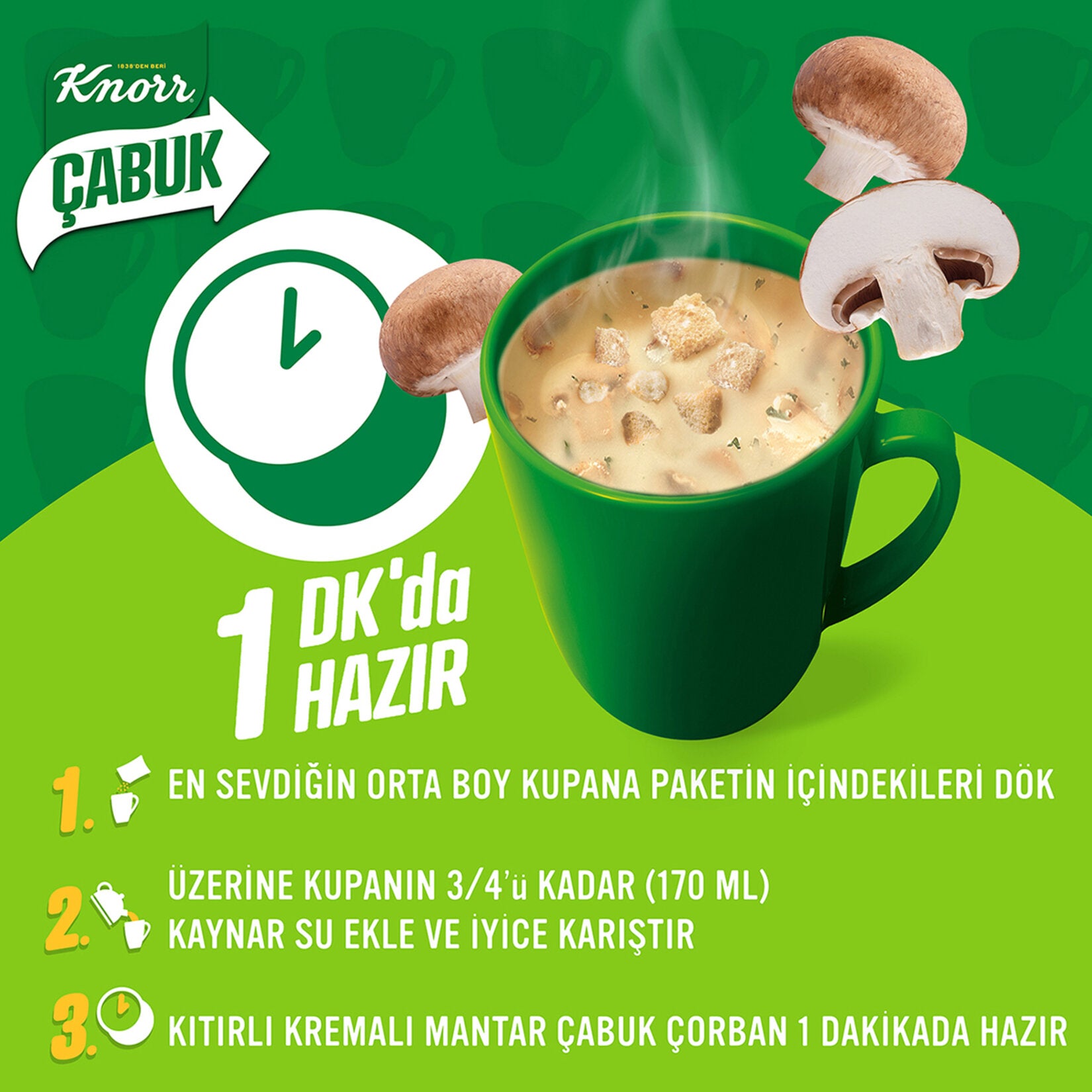 Knorr Cabuk Corba Kitirli Kremali Mantar is a quick and satisfying creamy mushroom soup with crunchy croutons, perfect for busy days when you want something warm and comforting in minutes.