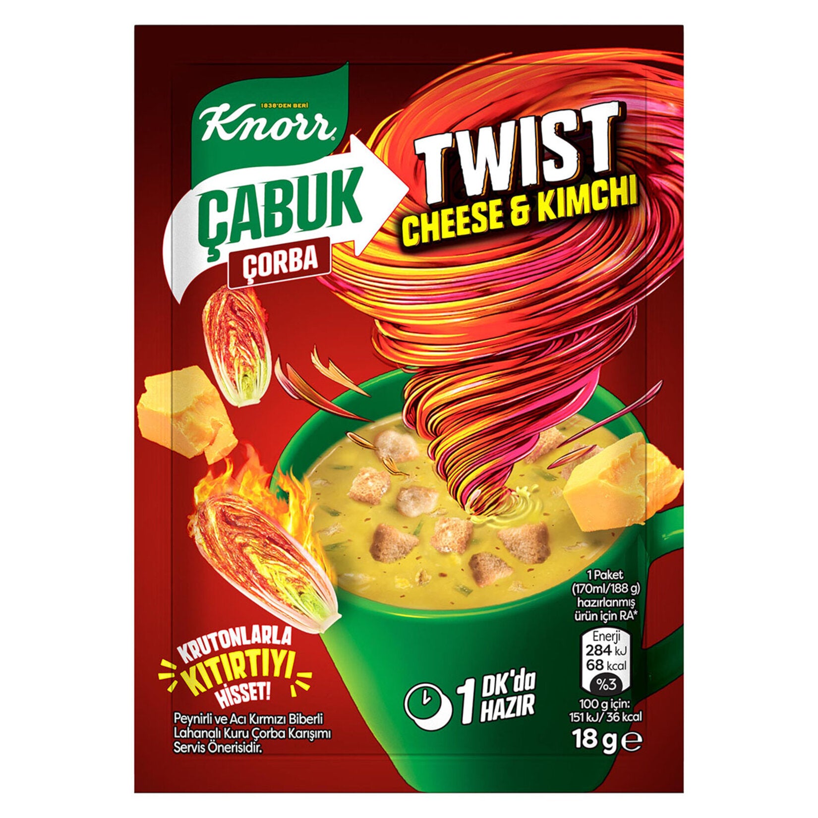 Knorr Cabuk Corba Twist Cheese Kimchi Instant Soup brings together creamy cheese, spicy red pepper, and tangy cabbage in a convenient single-serve cup.