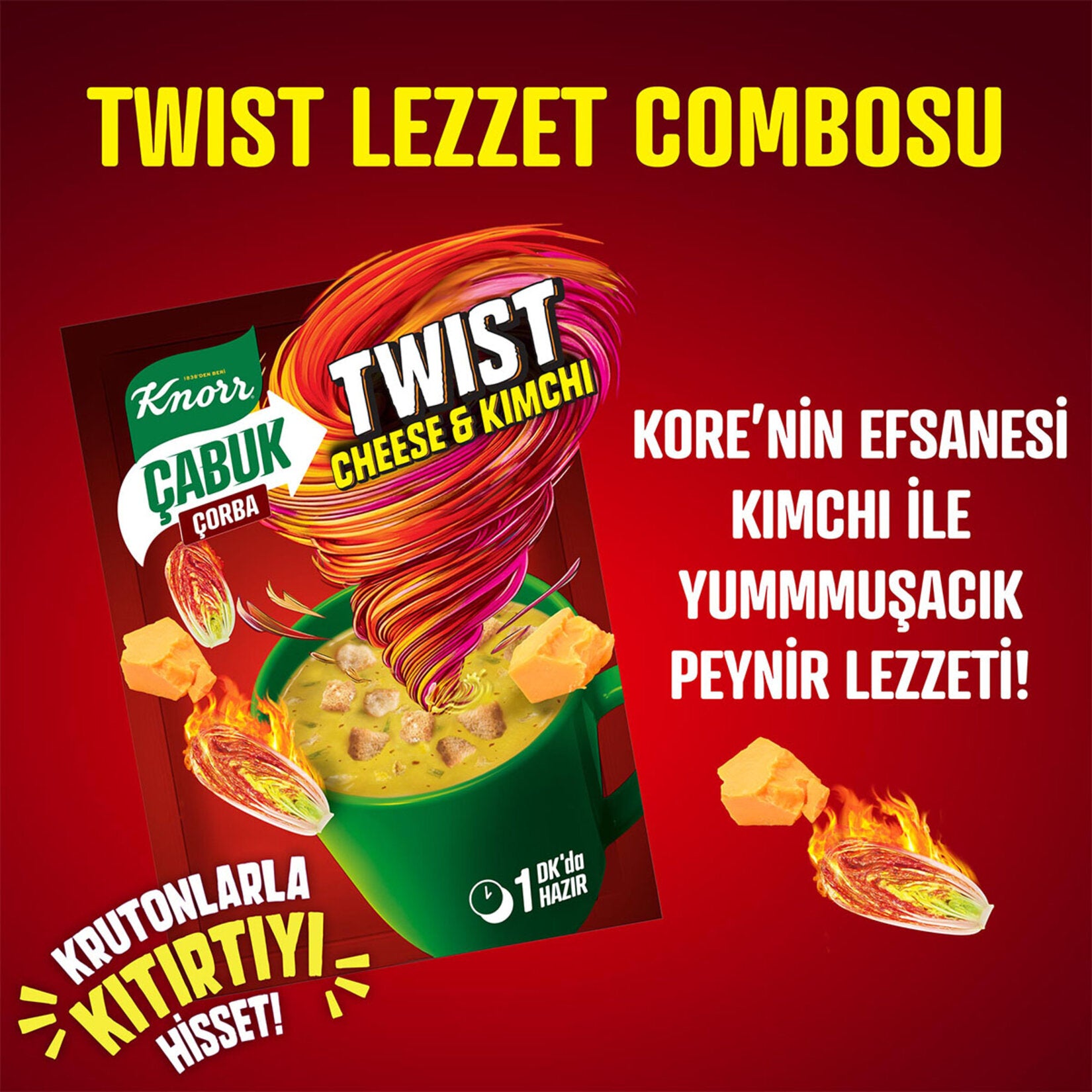 Knorr Cabuk Corba Twist Cheese Kimchi Instant Soup brings together creamy cheese, spicy red pepper, and tangy cabbage in a convenient single-serve cup.