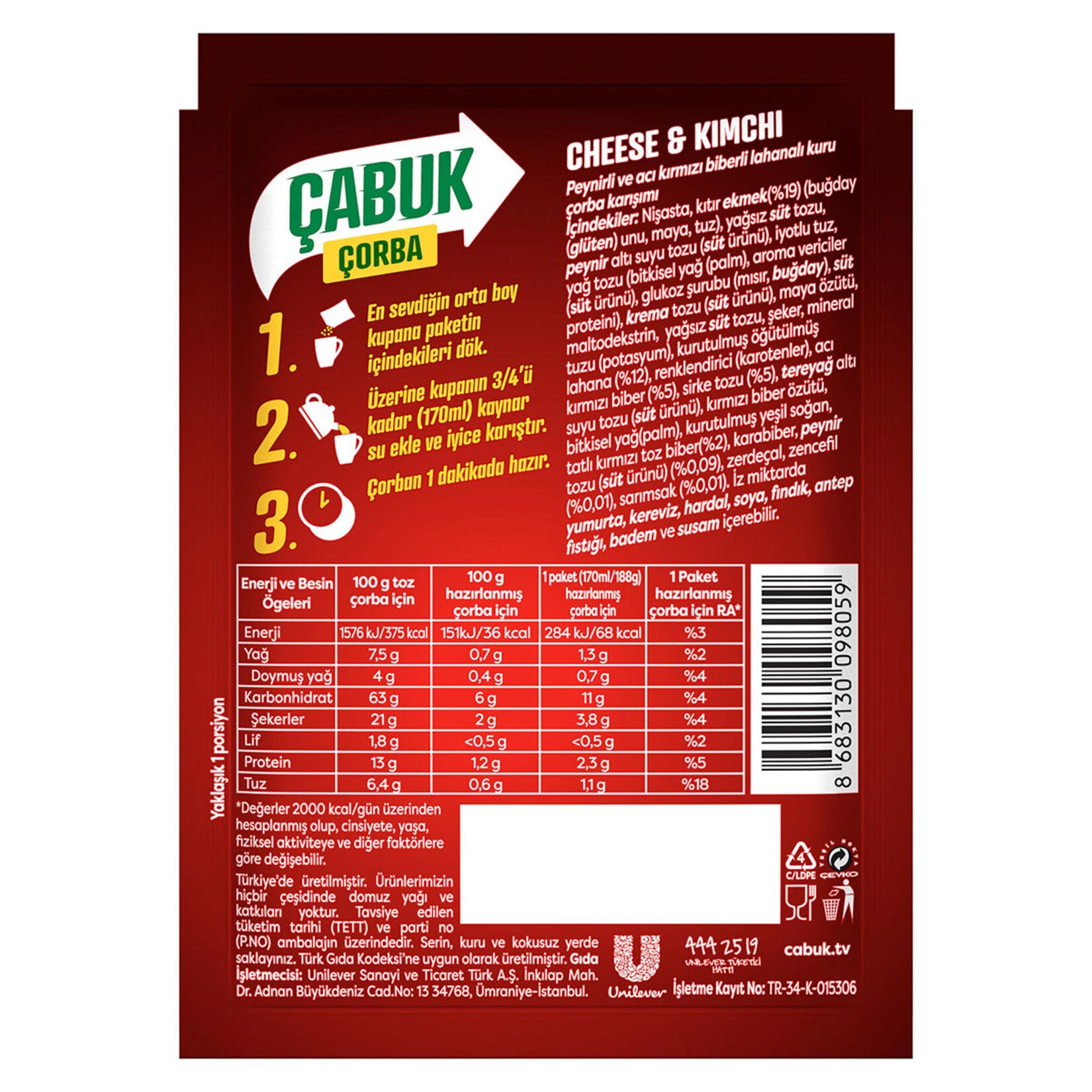 Knorr Cabuk Corba Twist Cheese Kimchi Instant Soup brings together creamy cheese, spicy red pepper, and tangy cabbage in a convenient single-serve cup.