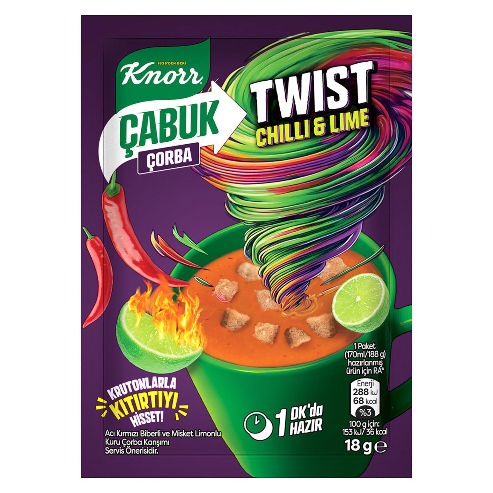 Knorr Cabuk Corba Twist Chilli Lime Instant Soup brings a bold fusion of spicy red pepper and refreshing lime to your cup in minutes.