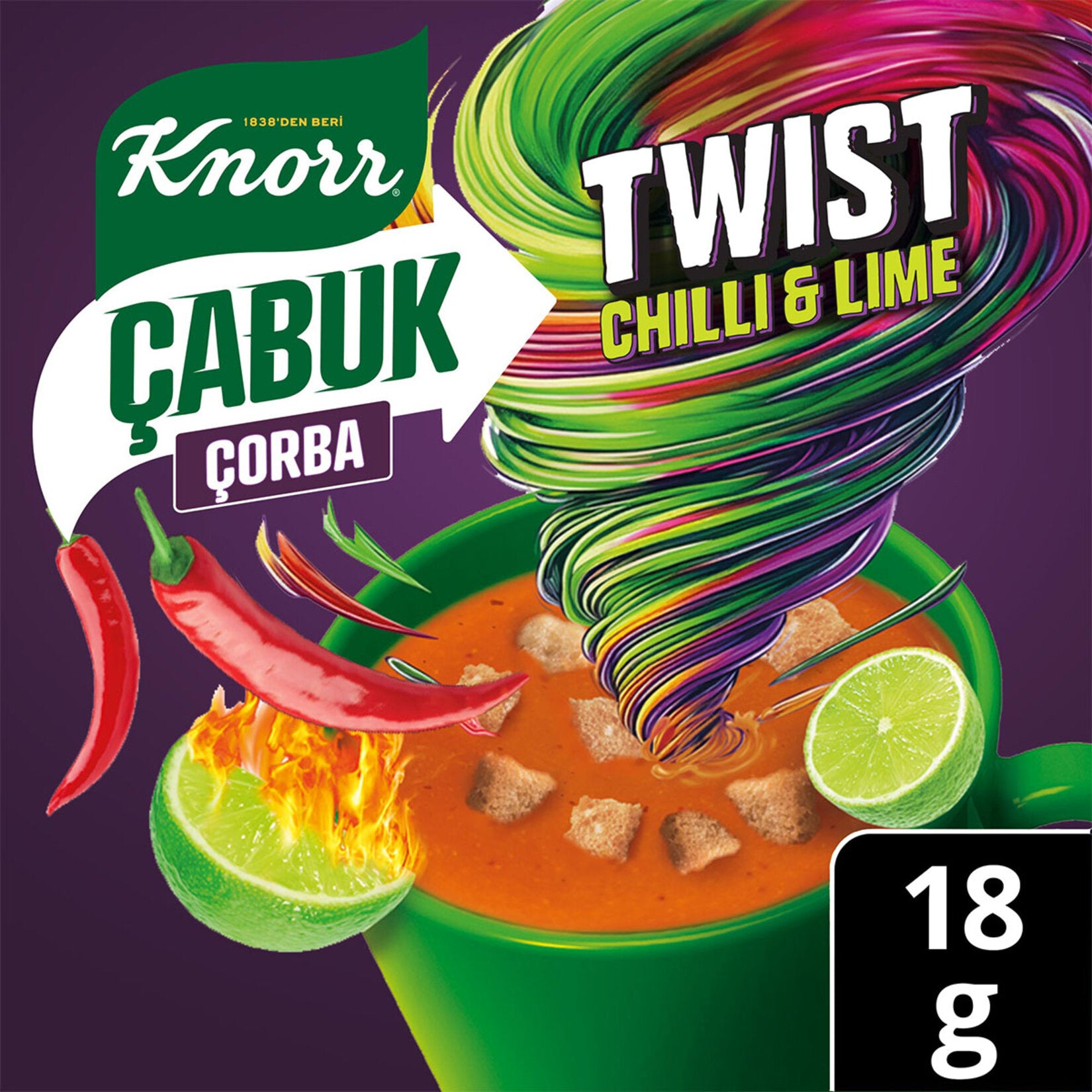 Knorr Cabuk Corba Twist Chilli Lime Instant Soup brings a bold fusion of spicy red pepper and refreshing lime to your cup in minutes.