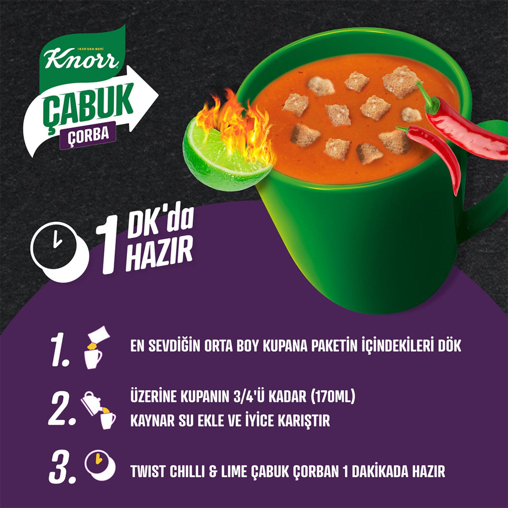 Knorr Cabuk Corba Twist Chilli Lime Instant Soup brings a bold fusion of spicy red pepper and refreshing lime to your cup in minutes.