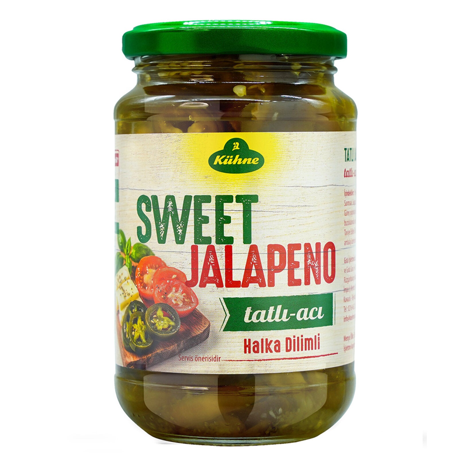 Kuhne Tatli Jalapeno Pepper Pickles bring a balanced combination of mild heat and subtle sweetness to your table.