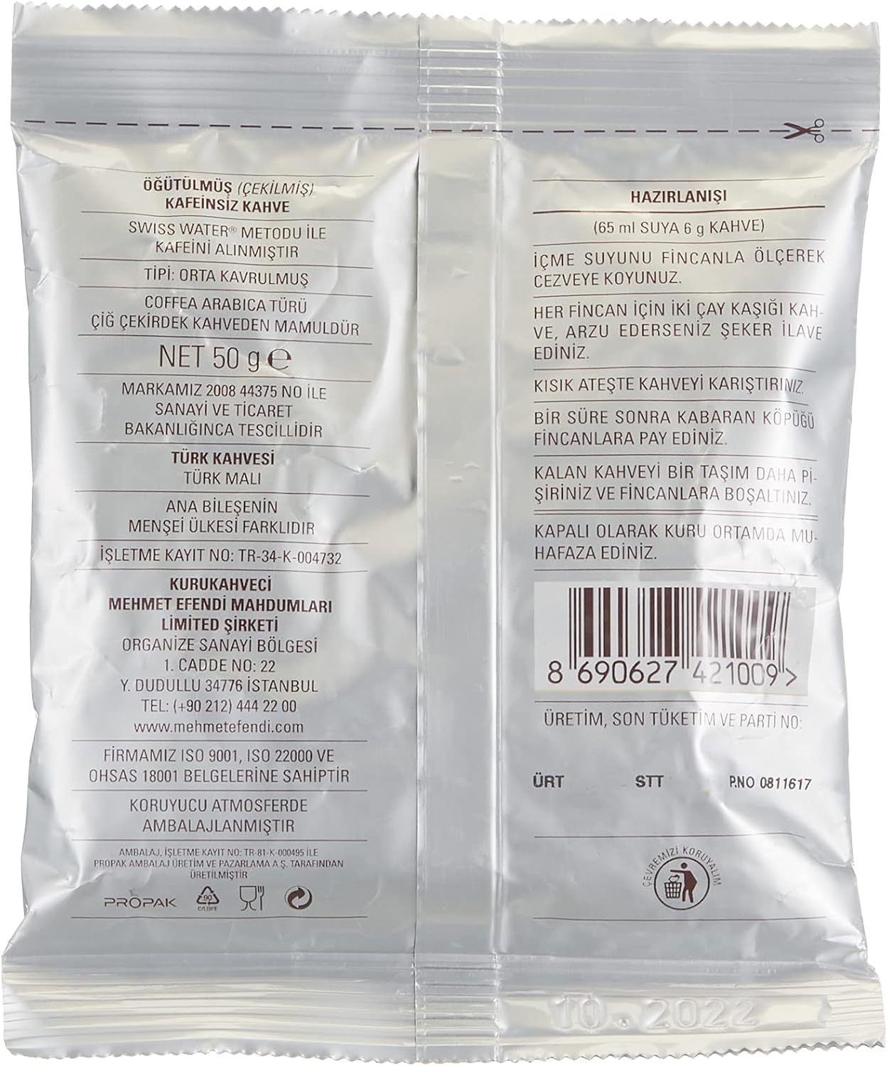 Kurukahveci Mehmet Efendi Coffeine Free Turkish Coffee- Back Side of the Product Package