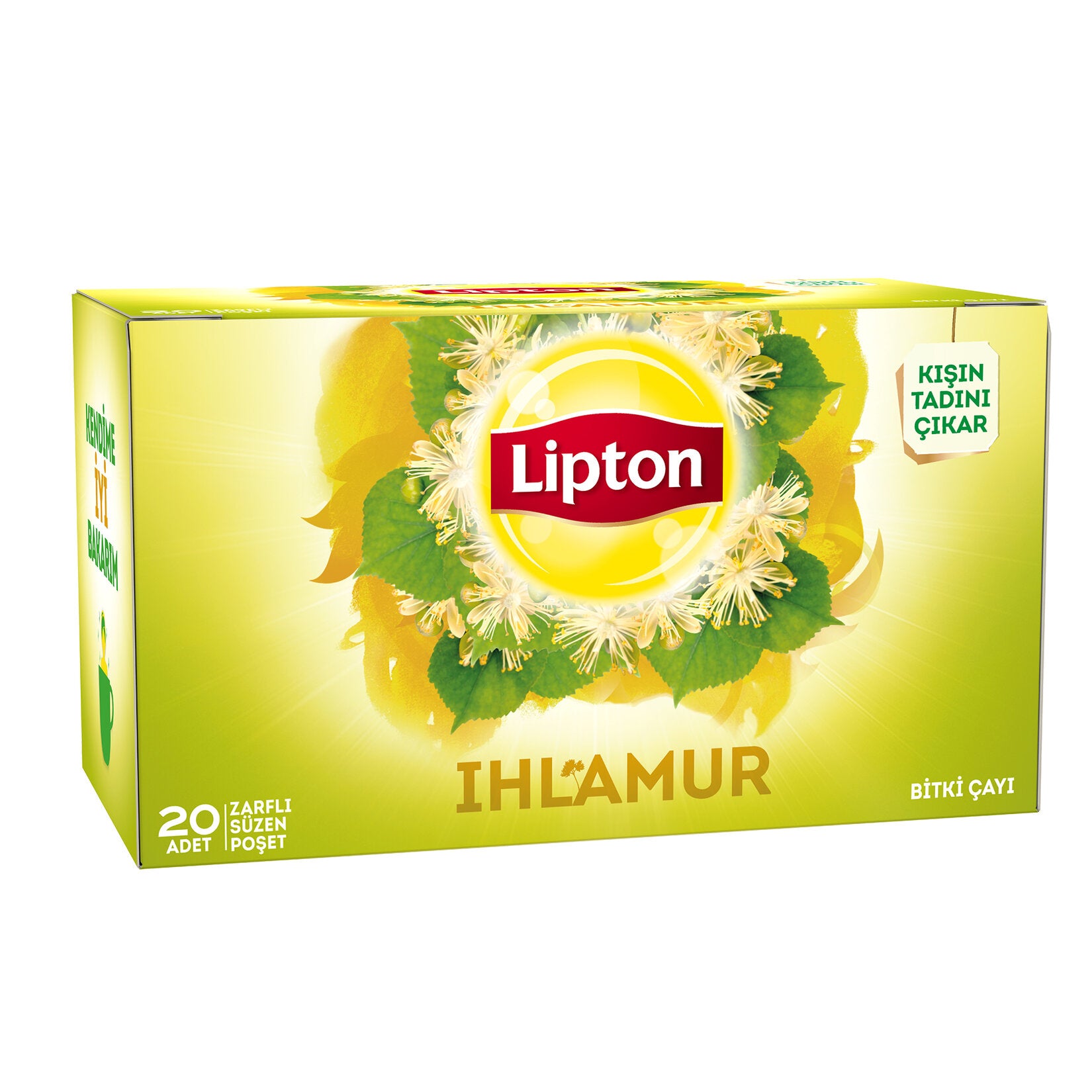 Lipton Ihlamur tea box with lemon and green leaf design on a white background