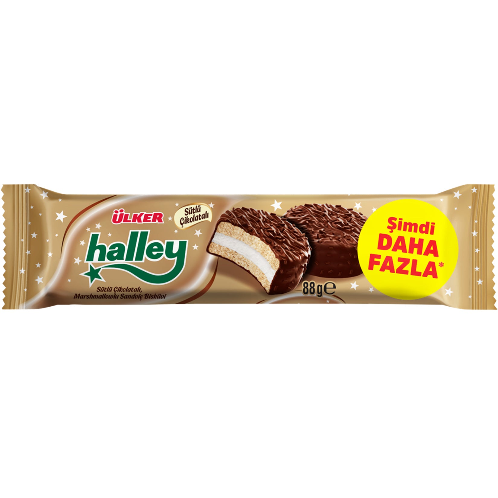 Ulker Halley Mini Granullu brings together soft marshmallow filling, fluffy biscuit layers, and a rich chocolate coating topped with colorful granules.