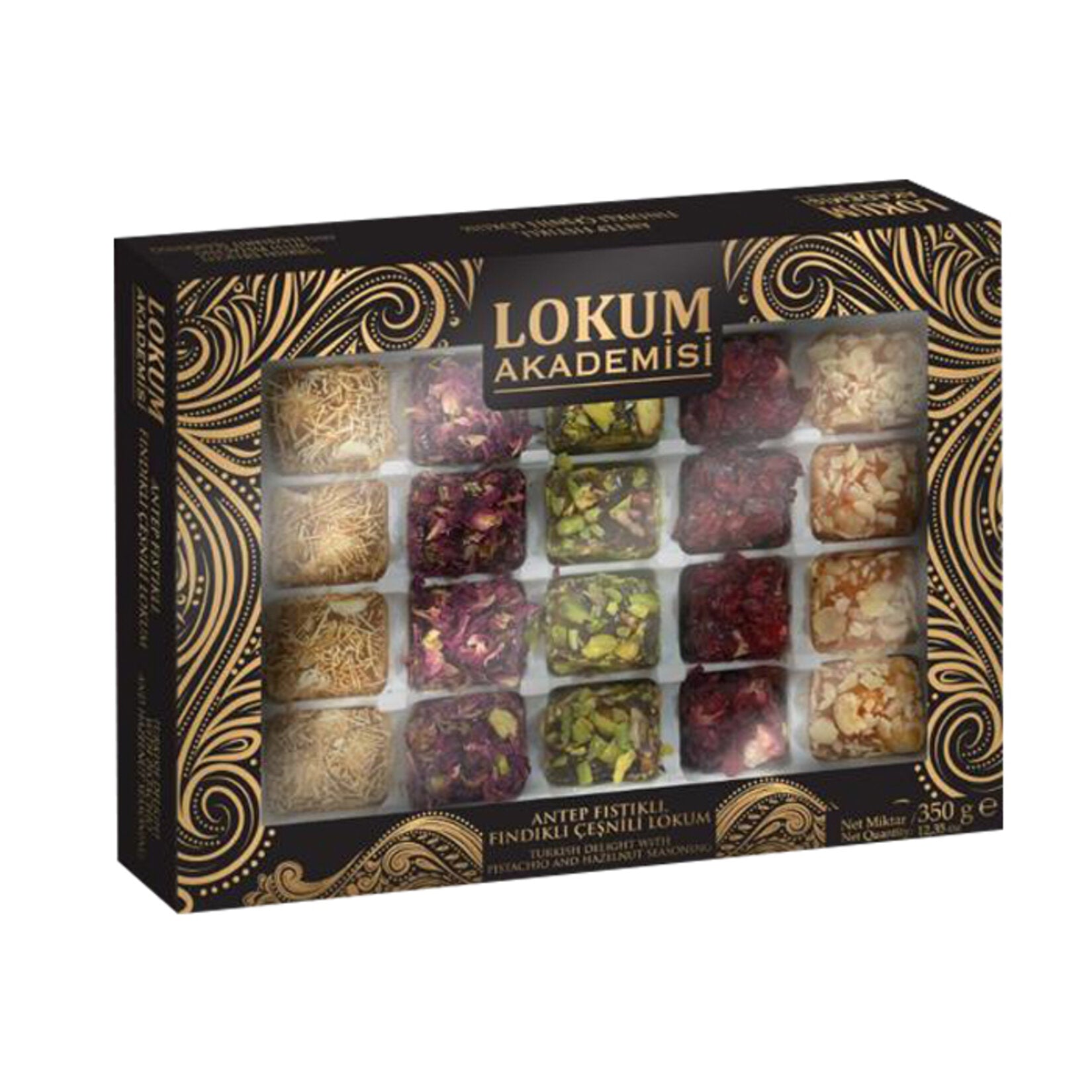 Enjoy the rich taste of Lokum Akademisi Antep Pistachio Hazelnut Flavored Turkish Delight, a premium selection of soft, chewy Turkish delight from Türkiye.