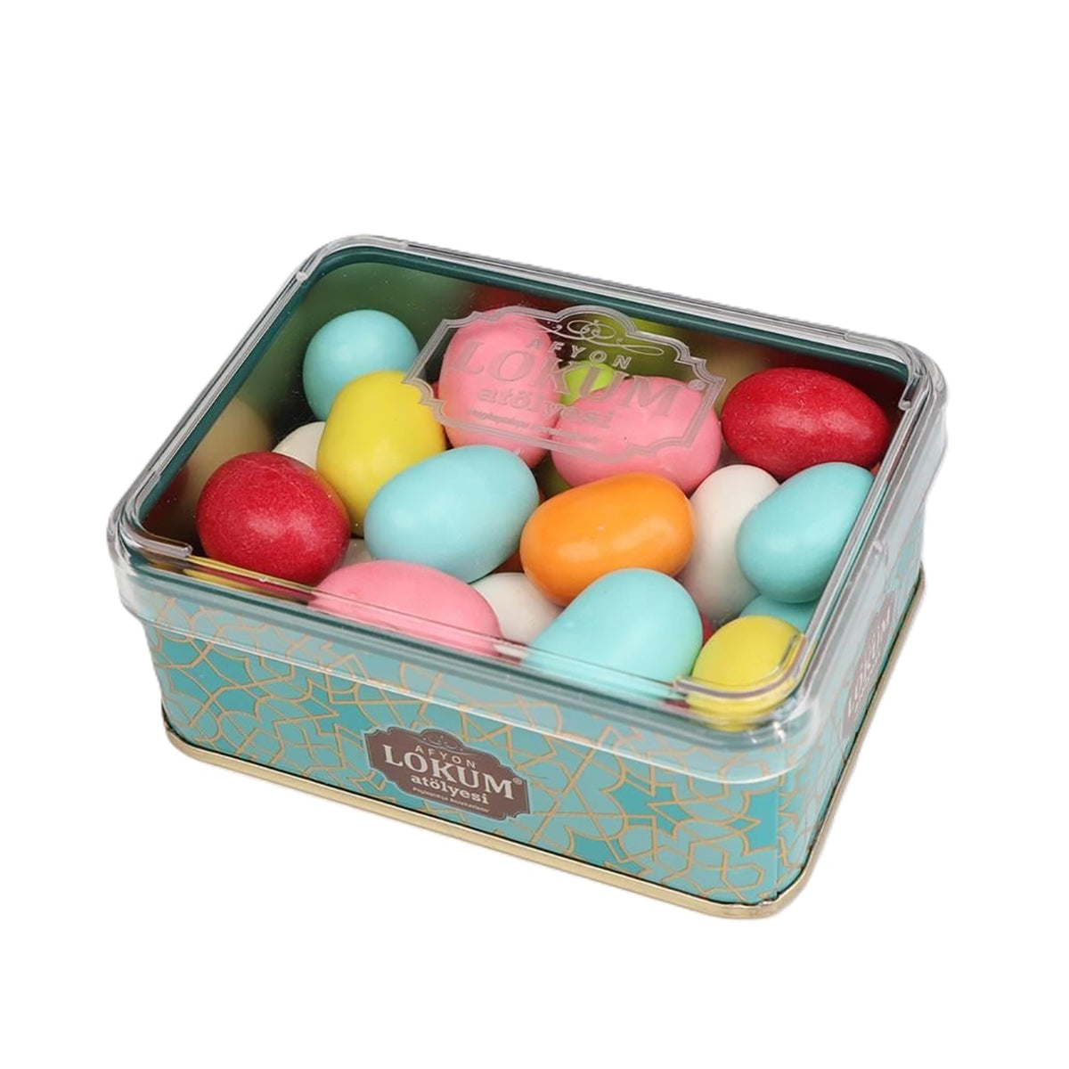Experience the delightful crunch and vibrant colors of Lokum Atolyesi Metallic Mix Sugar Coated Almonds.