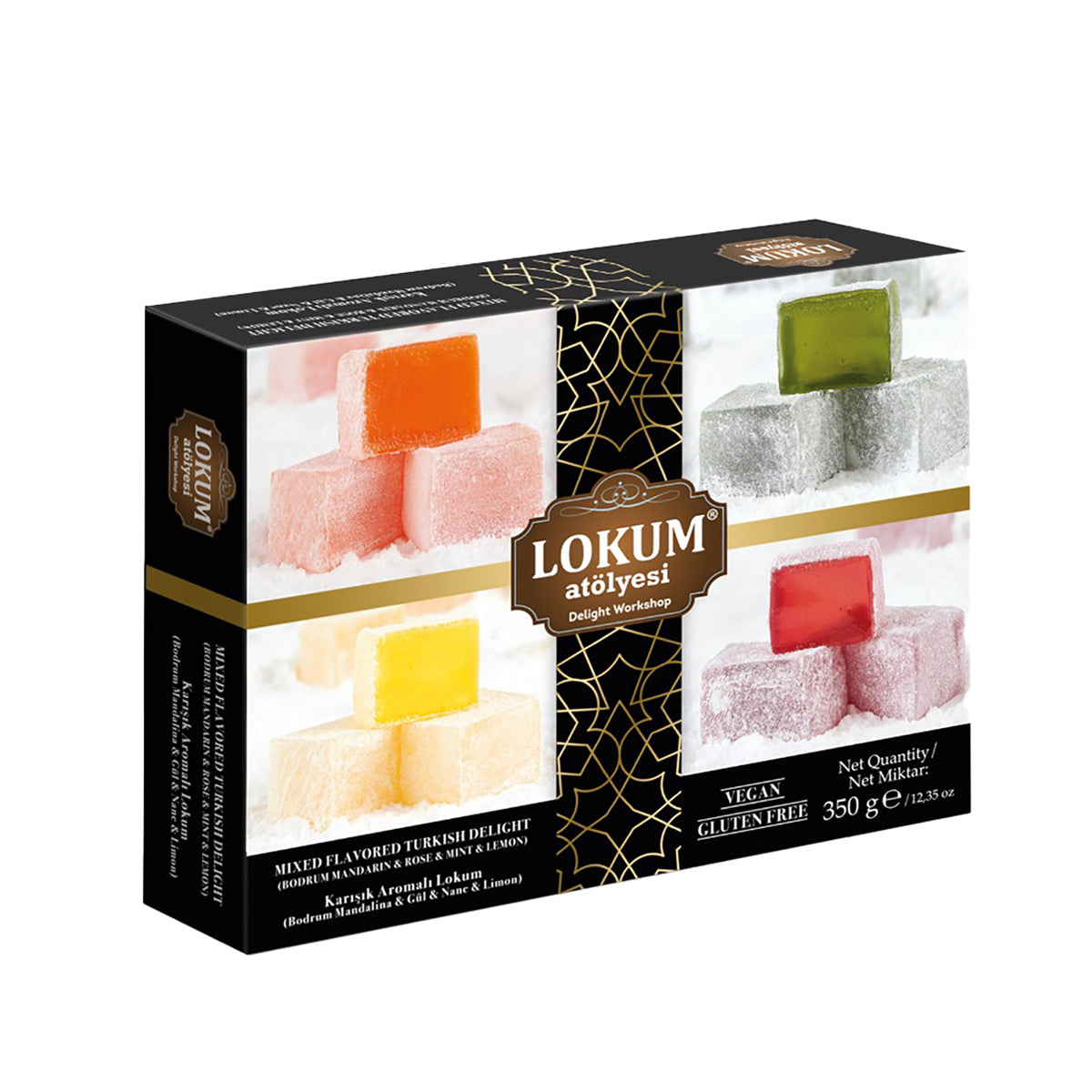 Experience the delightful variety of Lokum Atolyesi Mixed Flavor Turkish Delight, a premium selection of traditional Turkish sweets featuring flavors like Bodrum tangerine, rose, mint, and lemon.