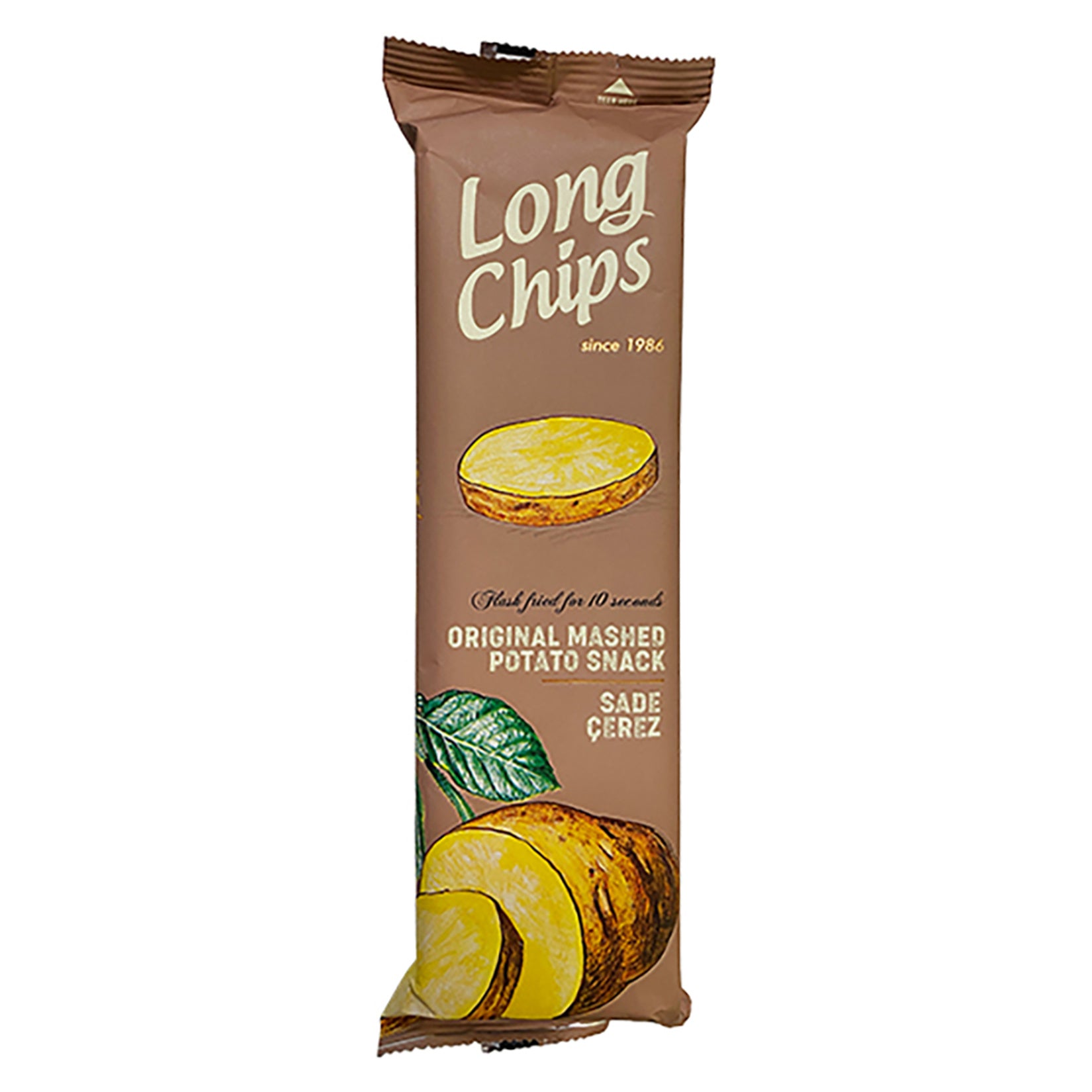 Long Chips Original delivers a unique snacking experience with its long, crispy potato slices made from dried potatoes and sunflower oil.