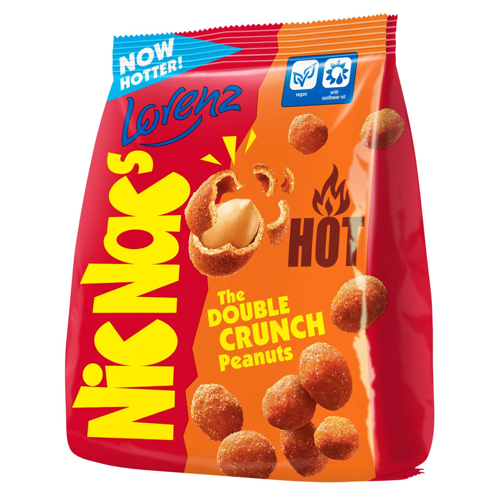Turn up the heat with Lorenz NicNacs Hot Roasted Peanuts — crunchy peanuts coated in a bold, spicy crust that delivers serious flavor in every bite.