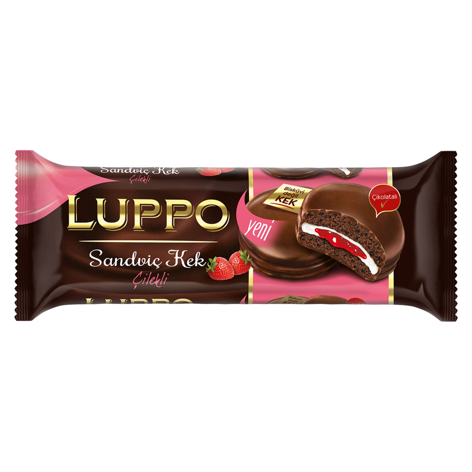 Luppo Strawberry Sandwich Cake brings together rich chocolate cake, fluffy marshmallow, and a fruity strawberry layer, all coated in smooth milk chocolate.