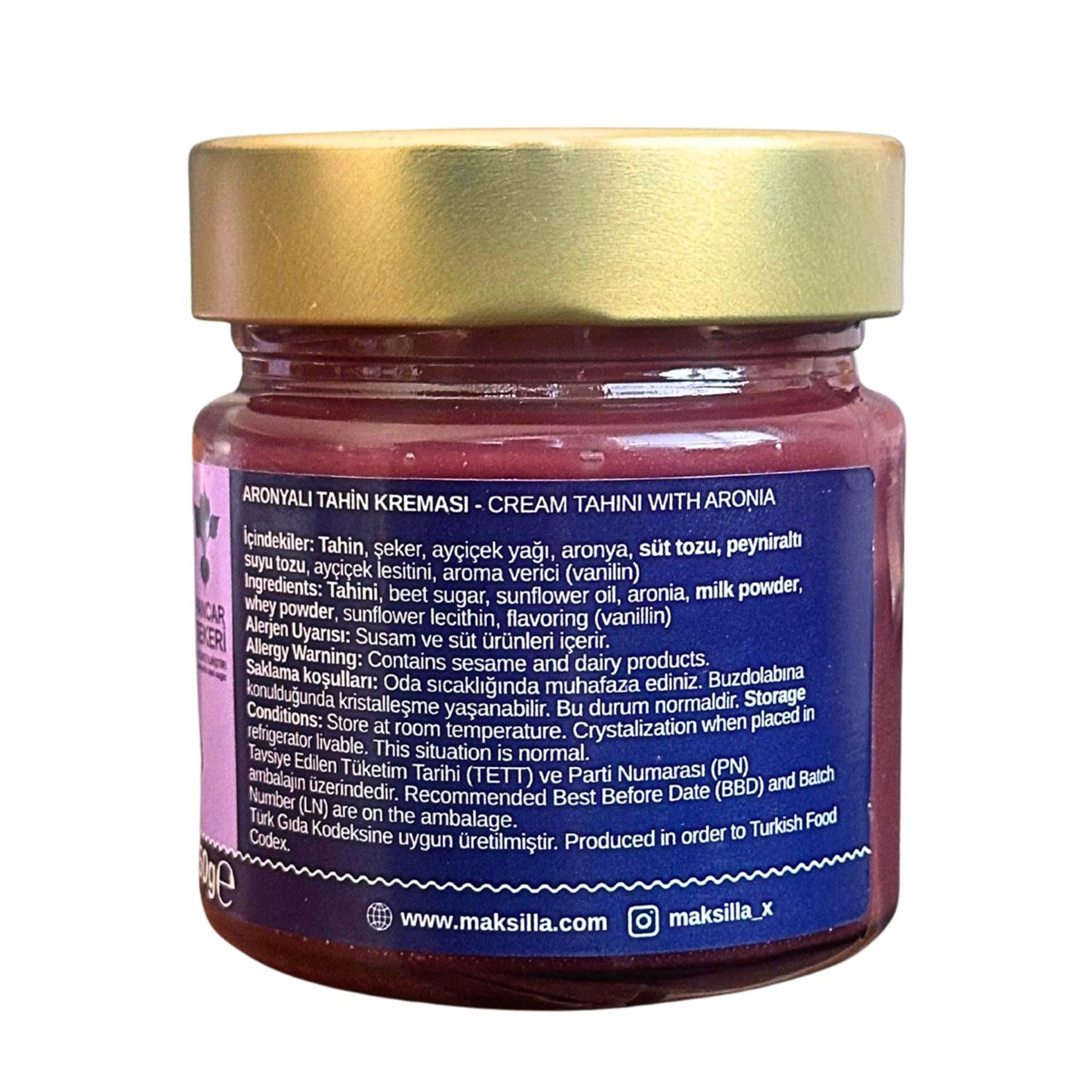 Maksilla Aronya Tahini Spread brings together the rich, nutty taste of premium tahini with the fruity tang of aronia berries for a unique and satisfying breakfast experience.