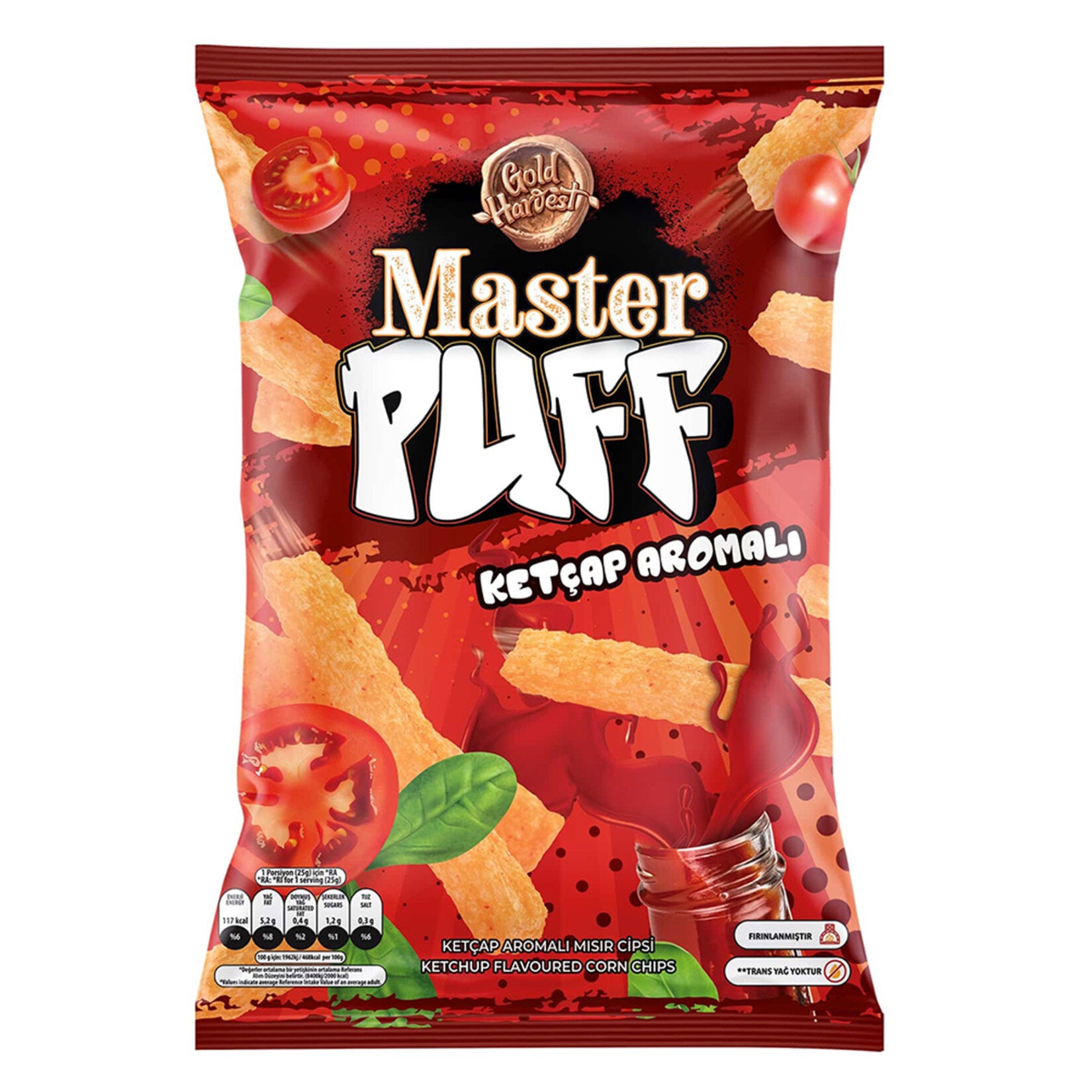 Enjoy the bold and tangy taste of Master Nut Puff Ketchup Flavored Corn Snack, a crispy delight straight from Türkiye.
