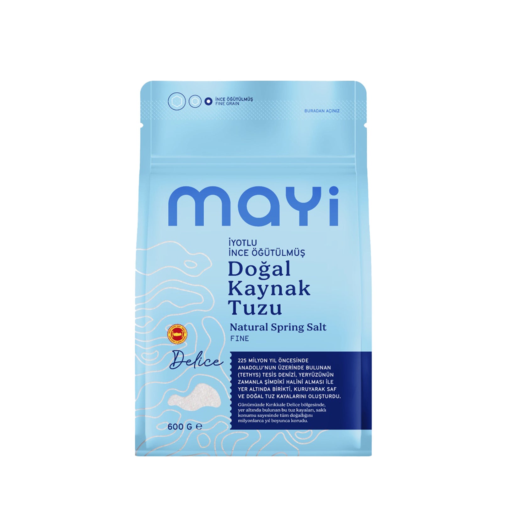 Mayi Iodized Fine Ground Natural Spring Salt is a high-quality natural spring salt from Türkiye, finely milled for smooth texture and easy blending into your favorite recipes.
