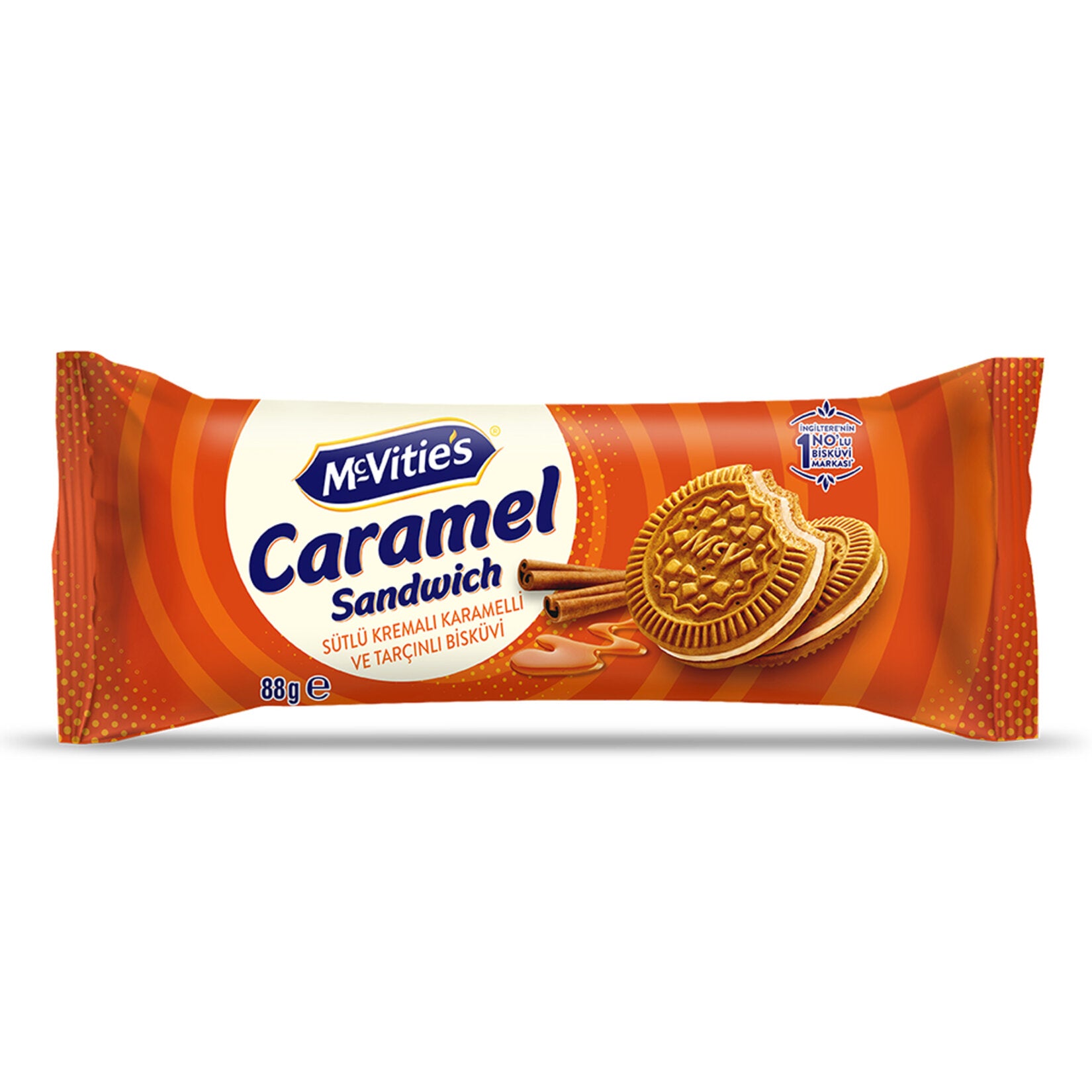 Enjoy the comforting taste of McVitie's Caramel Cinnamon Cream Biscuit, a deliciously crisp sandwich biscuit filled with smooth caramel cream and a hint of warm cinnamon.