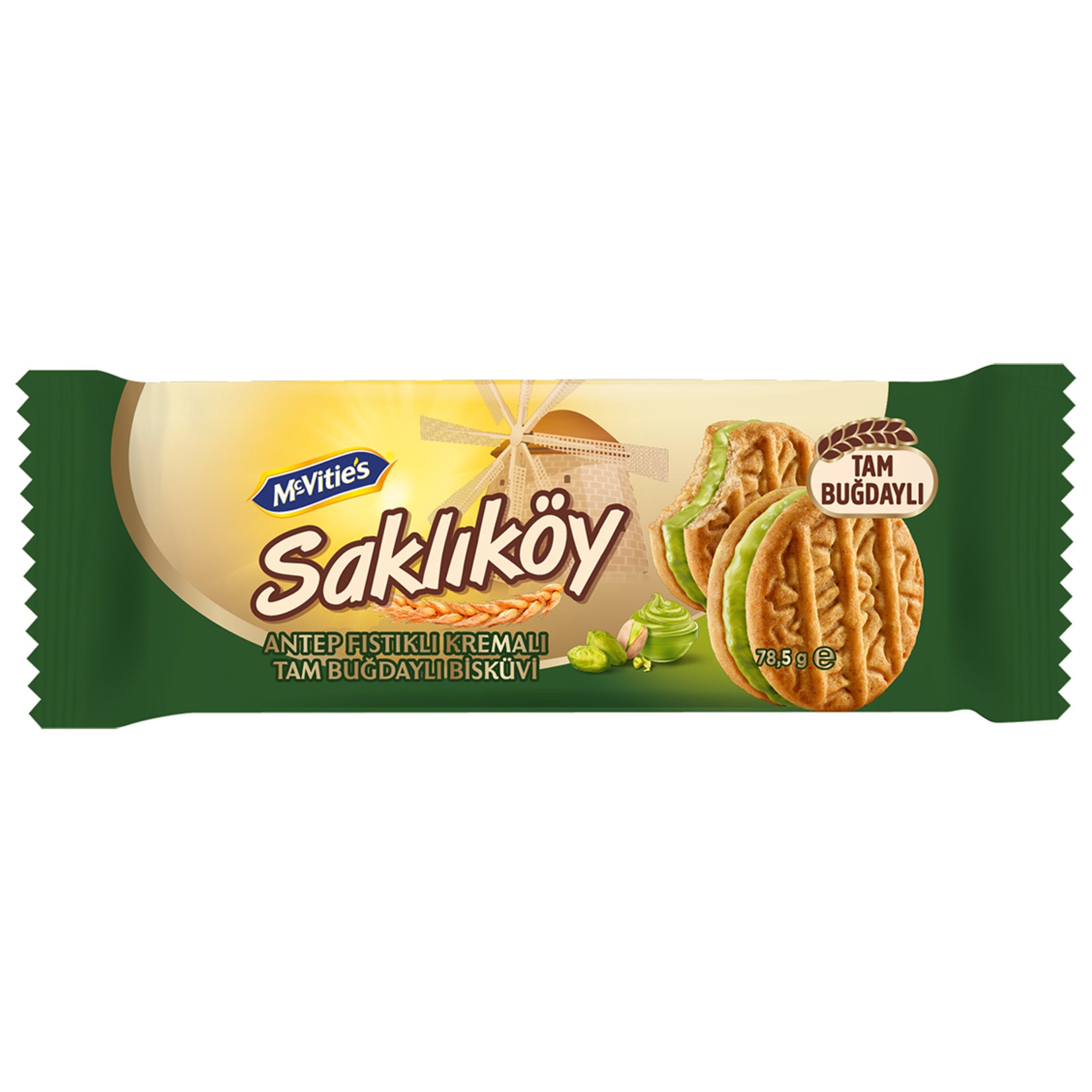 Enjoy the delicious crunch of Mcvitie's Saklikoy Pistachio Cream Biscuit, a satisfying combination of crispy whole wheat biscuits and smooth pistachio cream filling.
