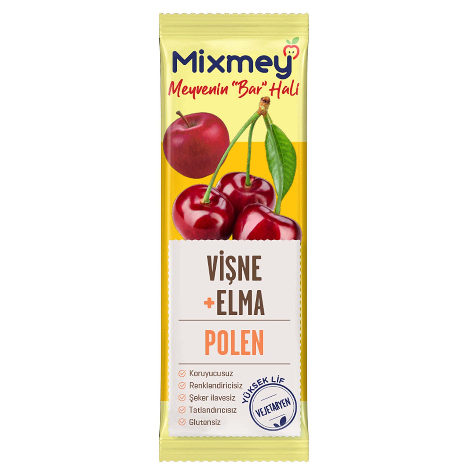 Discover the natural goodness of the Mixmey Bee Apple Sour Cherry Pollen Fruit Bar — a wholesome snack crafted with 68.5% apple, 29% sour cherry, 0.5% lemon puree, and 2% natural bee pollen.