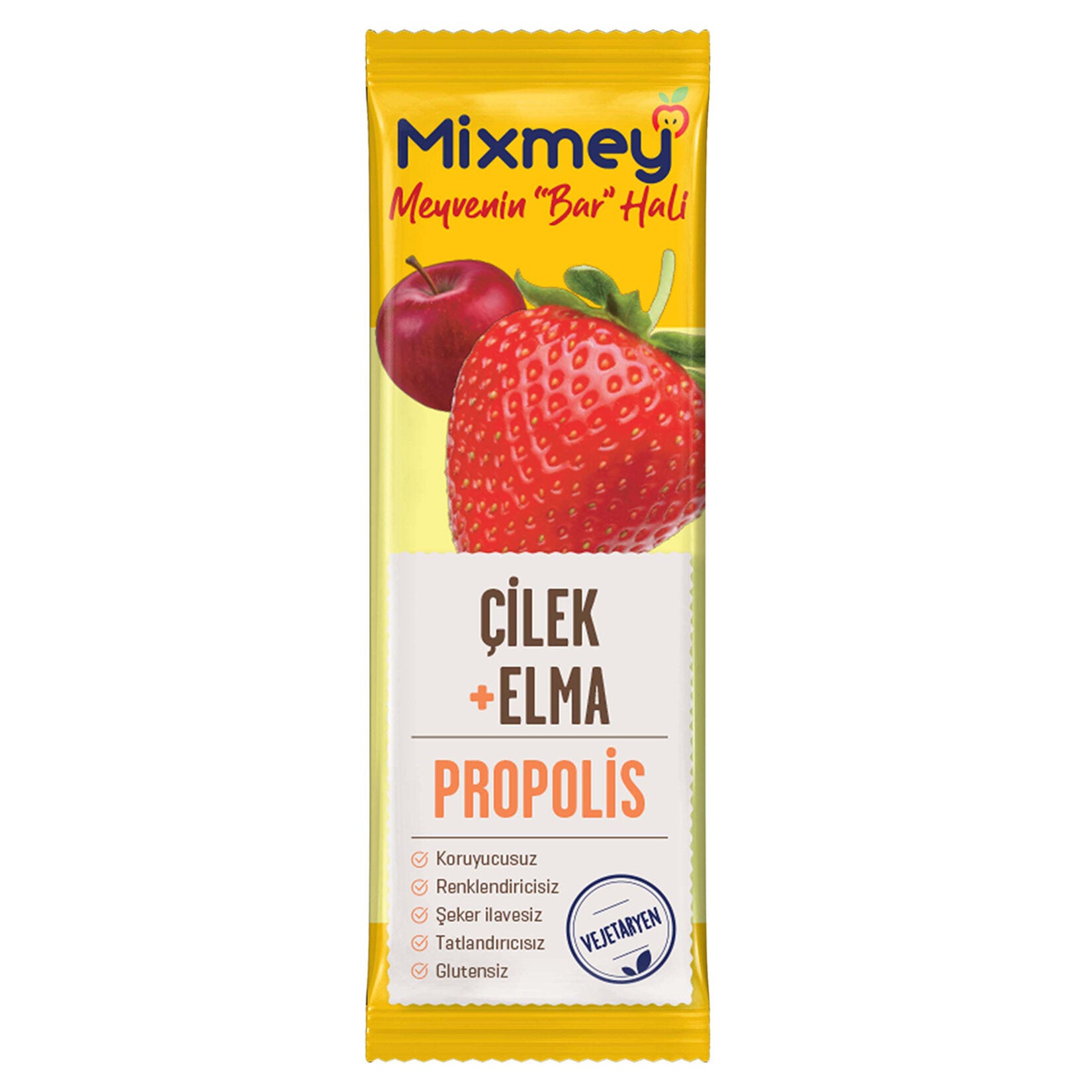 Discover the naturally sweet and nutrient-rich Mixmey Bee Apple Strawberry Propolis Fruit Bar, a delicious blend of 69.5% apple, 30% strawberry, and a touch of lemon puree with the added wellness benefits of propolis.