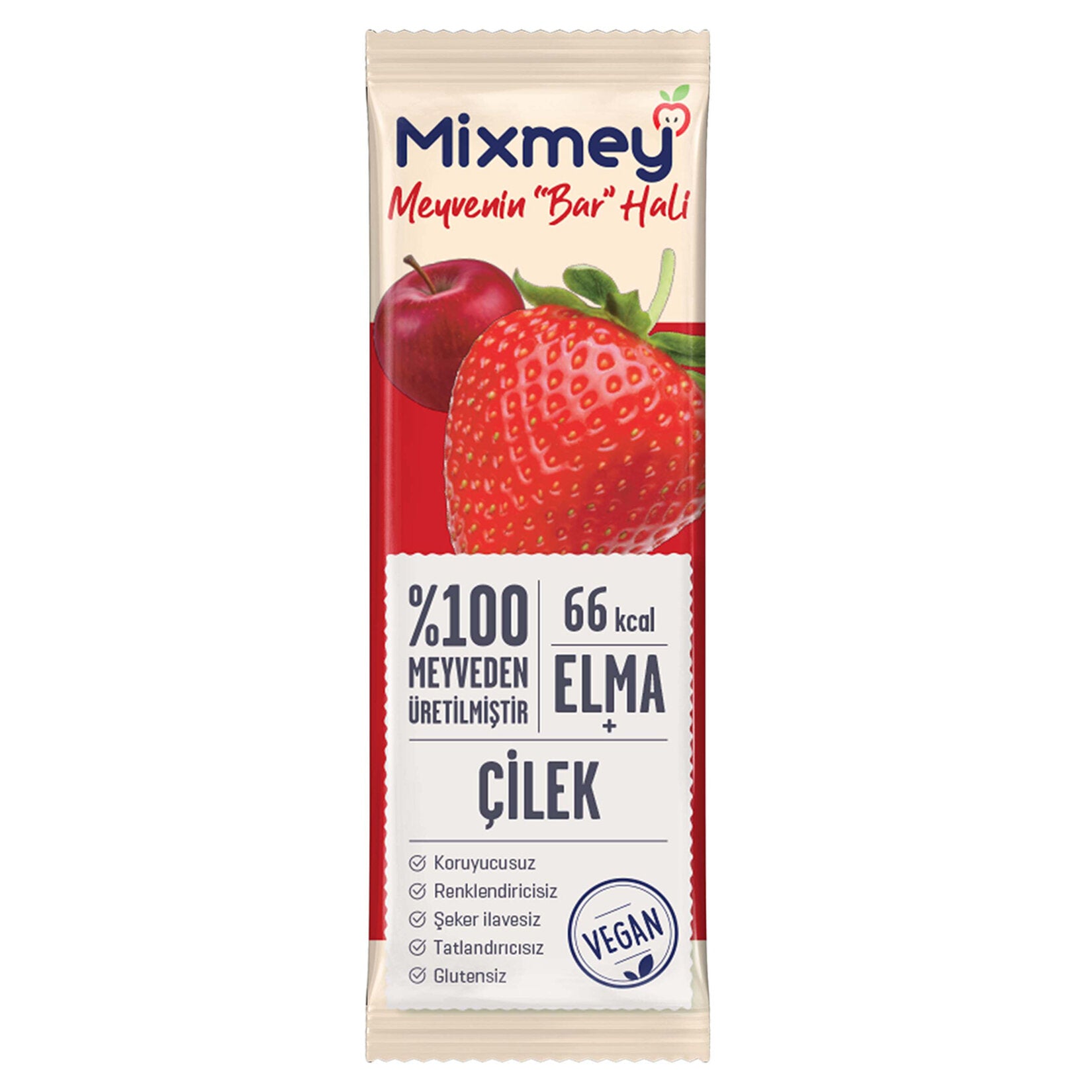 Enjoy a simple and fruity snack with the Mixmey Strawberry Fruit Bar, made with a delicious blend of 69.5% apple, 30% strawberry, and 0.5% lemon puree.