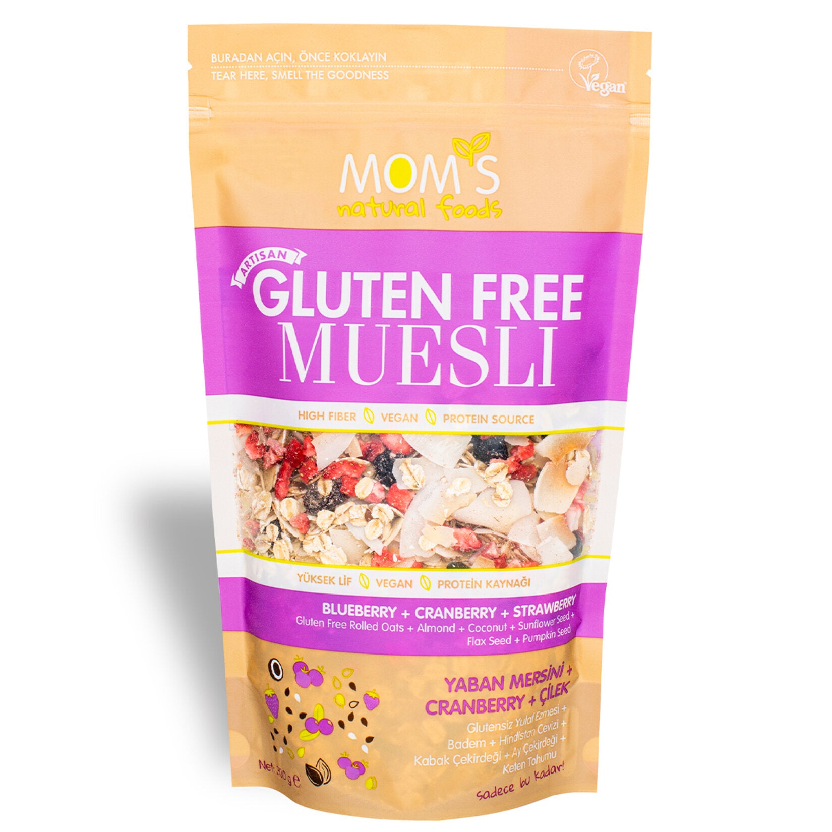 Start your day with a nourishing bowl of Mom's Natural Foods Gluten Free Musli, a carefully crafted blend of gluten-free oats, nuts, seeds, and real dried berries.