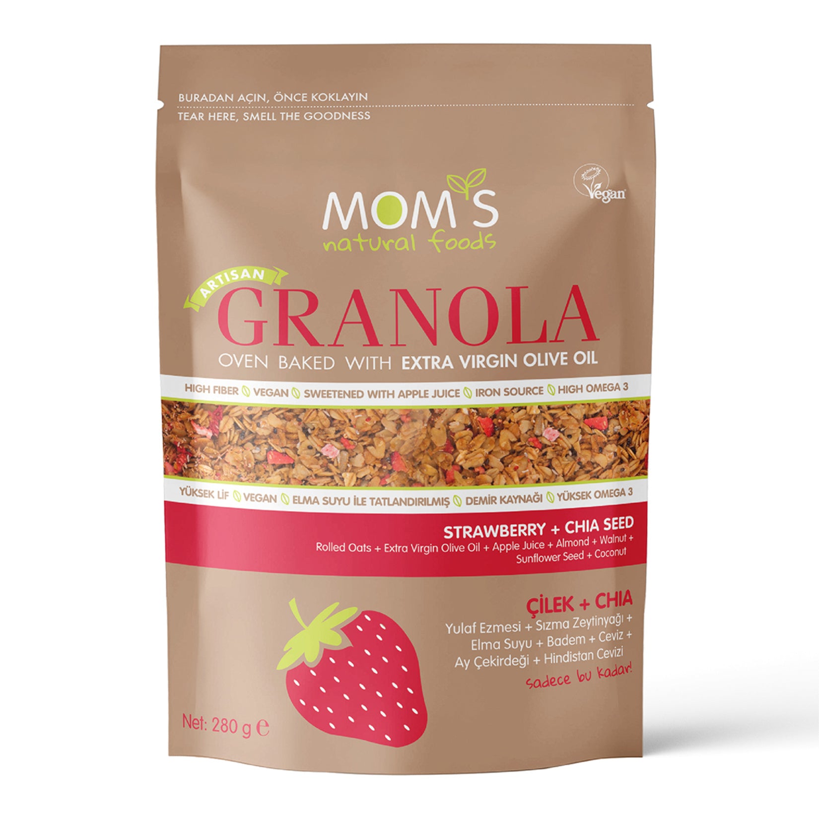 Start your morning with the wholesome crunch of Mom's Natural Foods Strawberry Chia Granola.