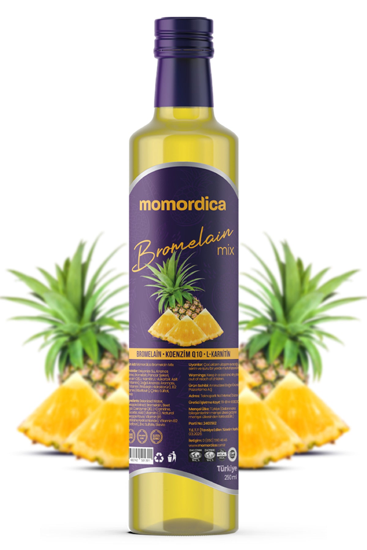 Momordica Bromelain Mix with Coenzyme Q10 and L-Carnitine is a specially formulated liquid dietary supplement enriched with bromelain, a natural enzyme derived from pineapple.