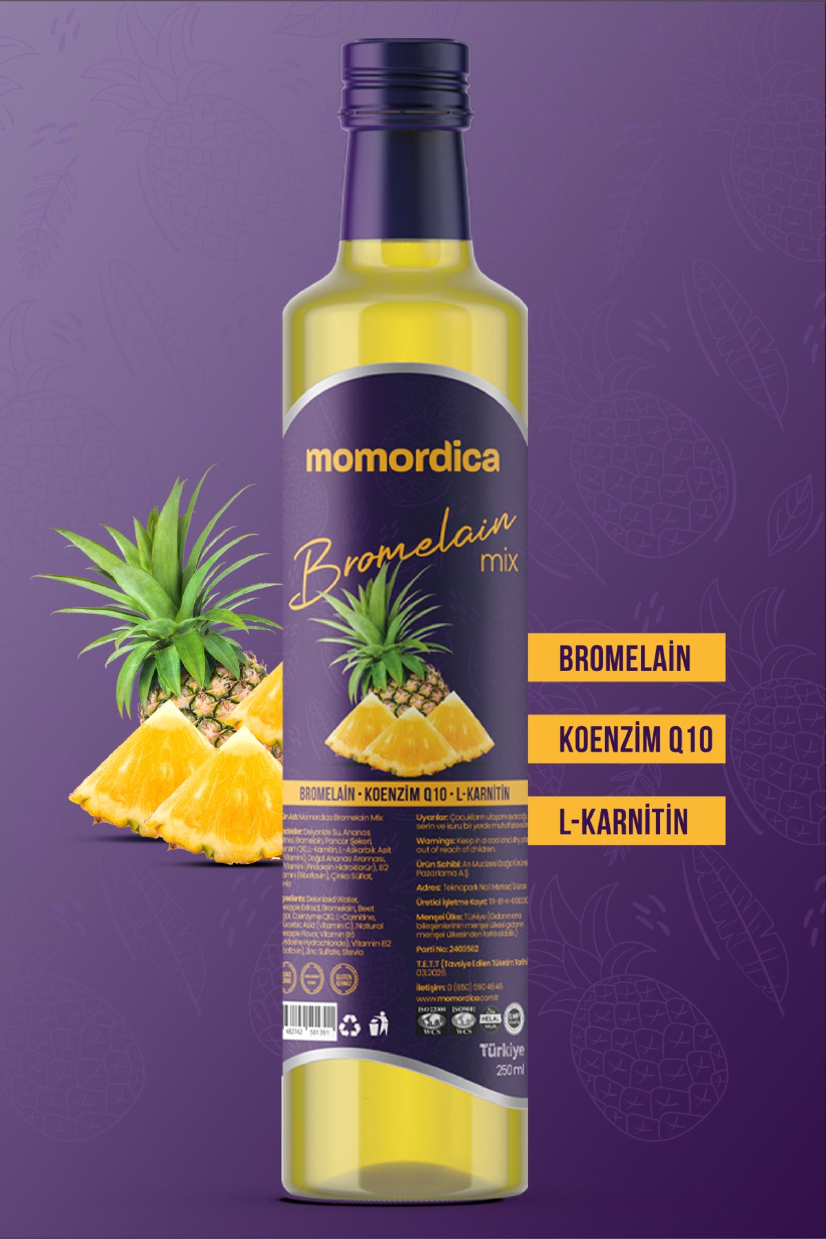 Momordica Bromelain Mix with Coenzyme Q10 and L-Carnitine is a specially formulated liquid dietary supplement enriched with bromelain, a natural enzyme derived from pineapple.