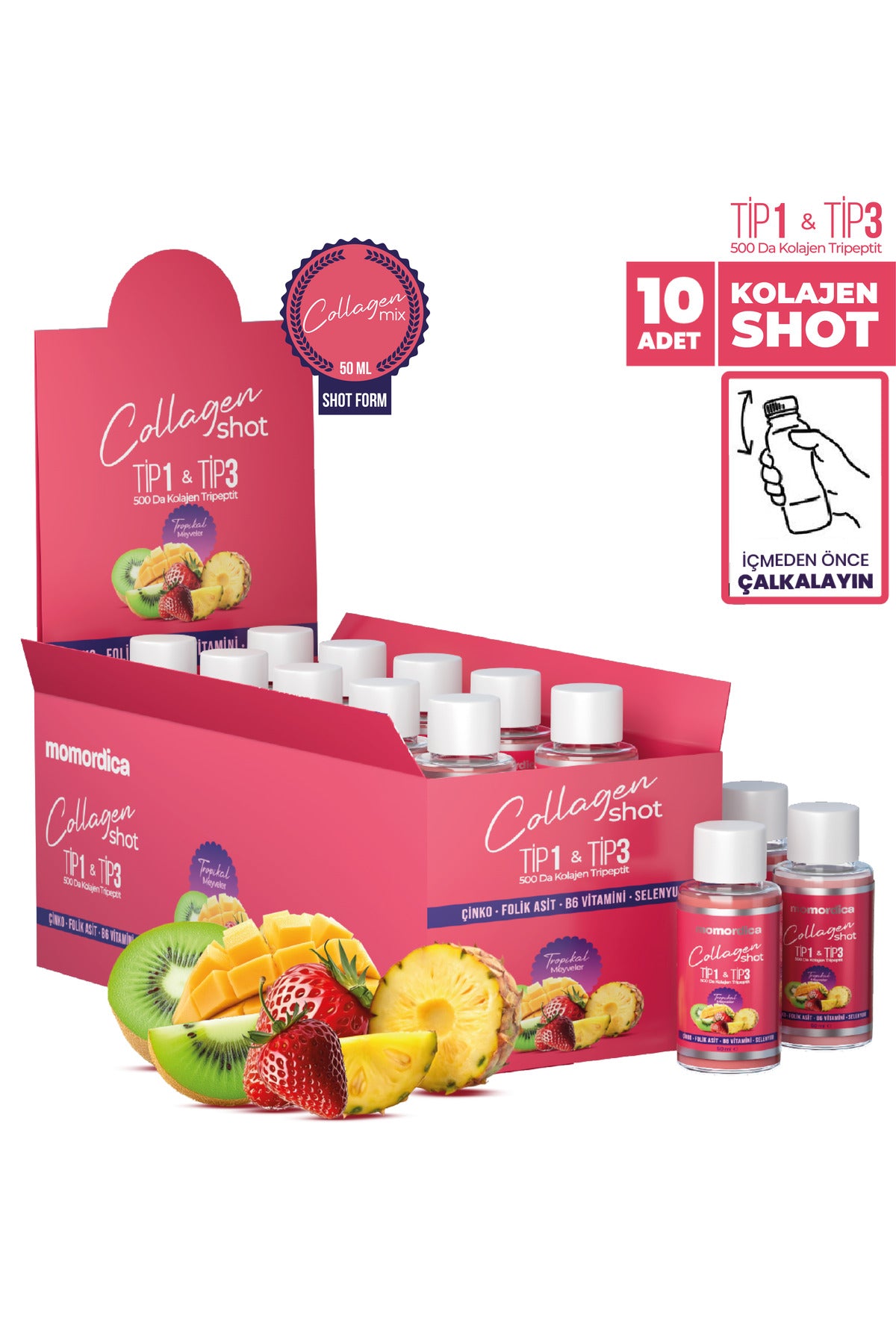 MOMORDICA Collagen Shot Type 1 & 3 provides low molecular weight 500 Dalton Type I and Type III Collagen in a convenient ready-to-drink format.