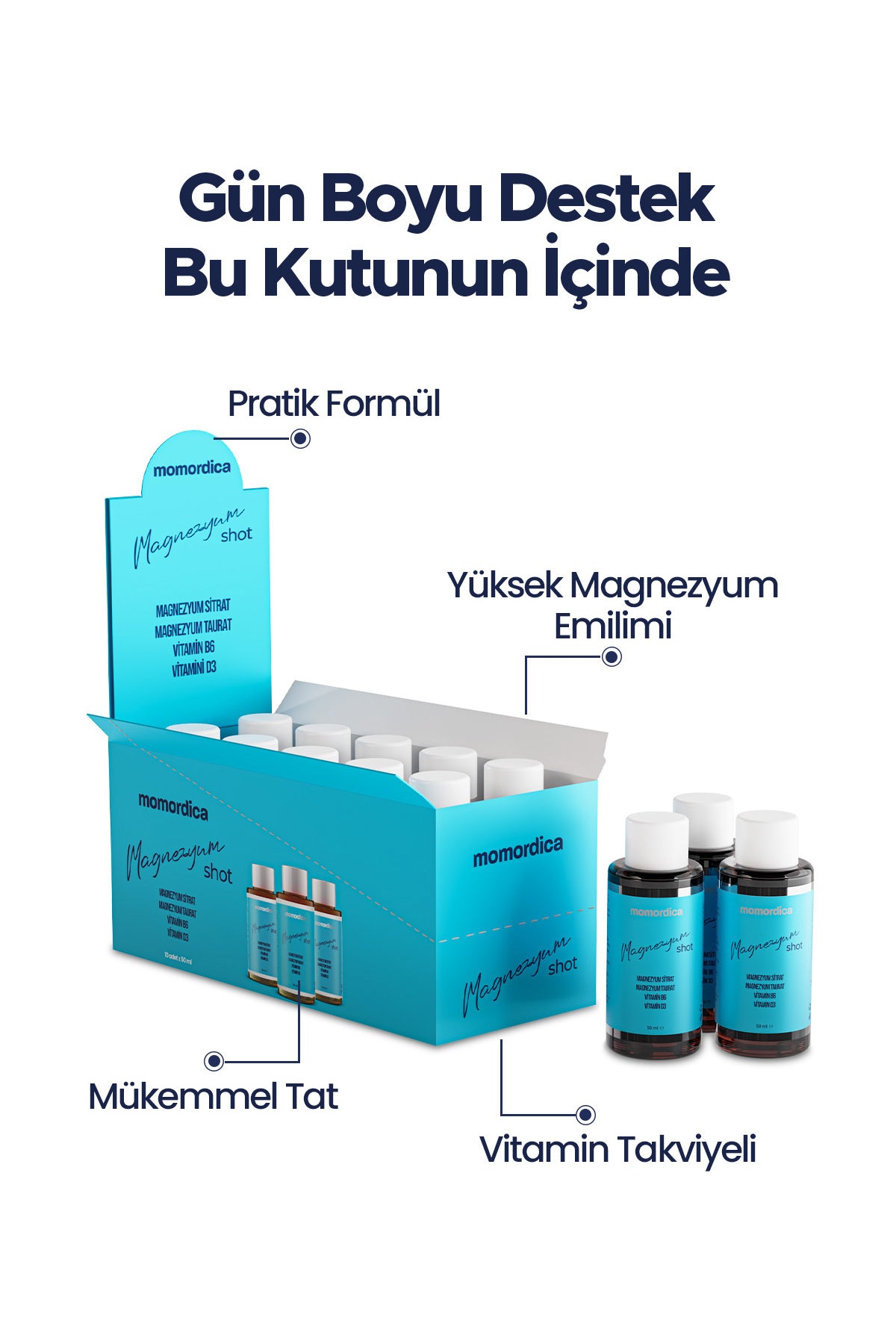 MOMORDICA Magnesium Shot is a convenient liquid supplement formulated with Magnesium (Citrate and Taurate forms), Vitamin B6 (Pyridoxine), and Vitamin D3 (Cholecalciferol).