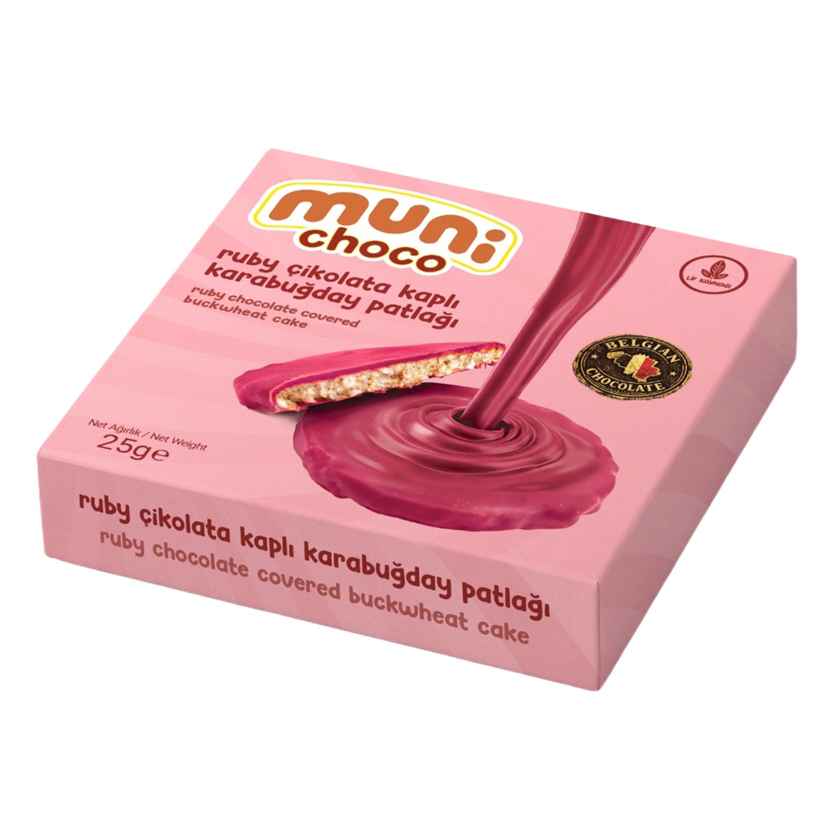 Discover a colorful twist on everyday snacking with Muni Choco Ruby Chocolate Coated Buckwheat Puff.