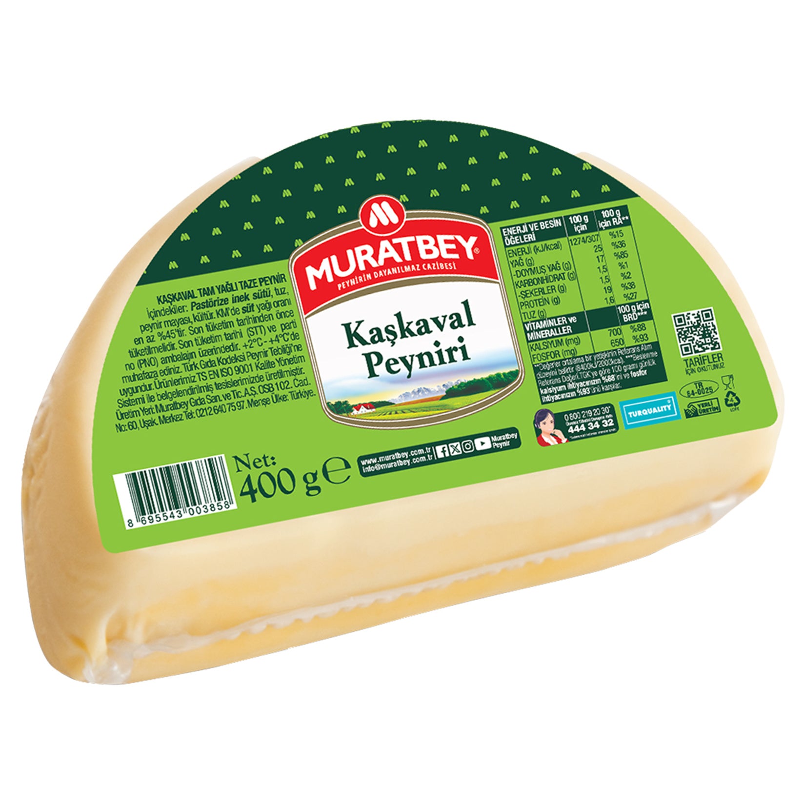 Muratbey Kashkaval Cheese is a traditional semi-hard cheese crafted from high-quality pasteurized cow’s milk.