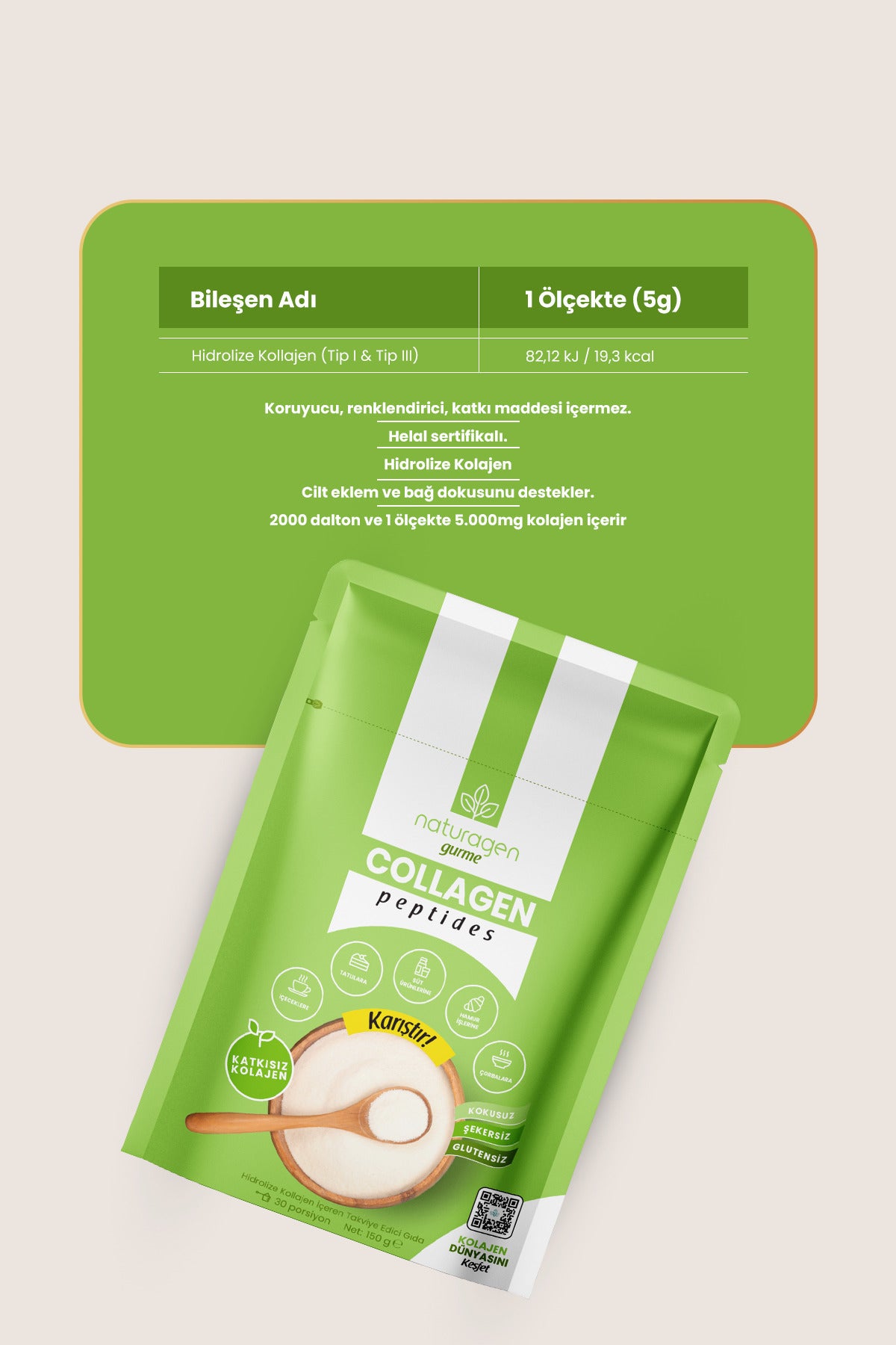 Naturagen Hydrolyzed Collagen Peptides Type I & Type III is a high-protein dietary supplement providing 5000 mg of hydrolyzed collagen per serving.
