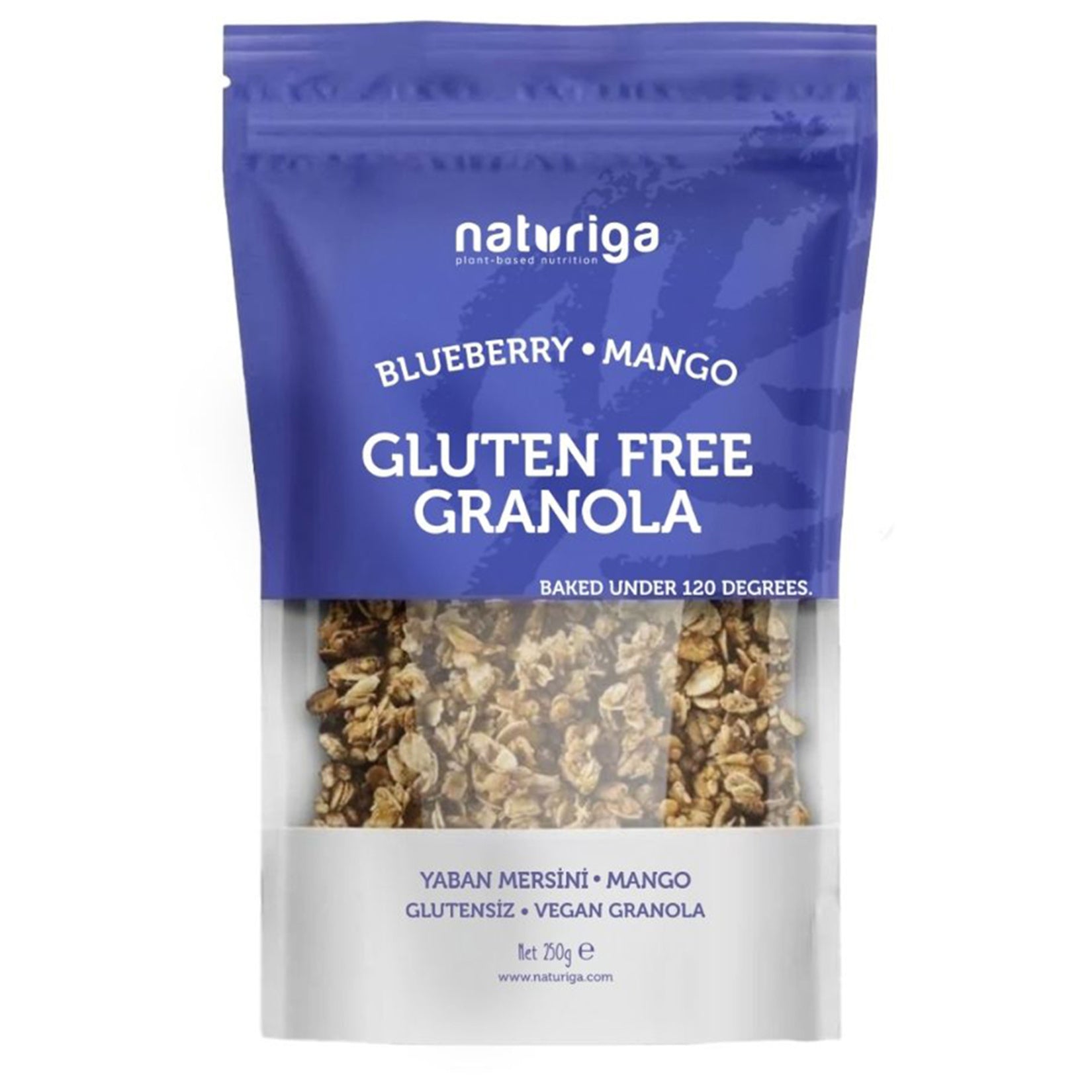 Start your day with the vibrant taste of Naturiga Gluten-Free Granola Blueberry Mango.
