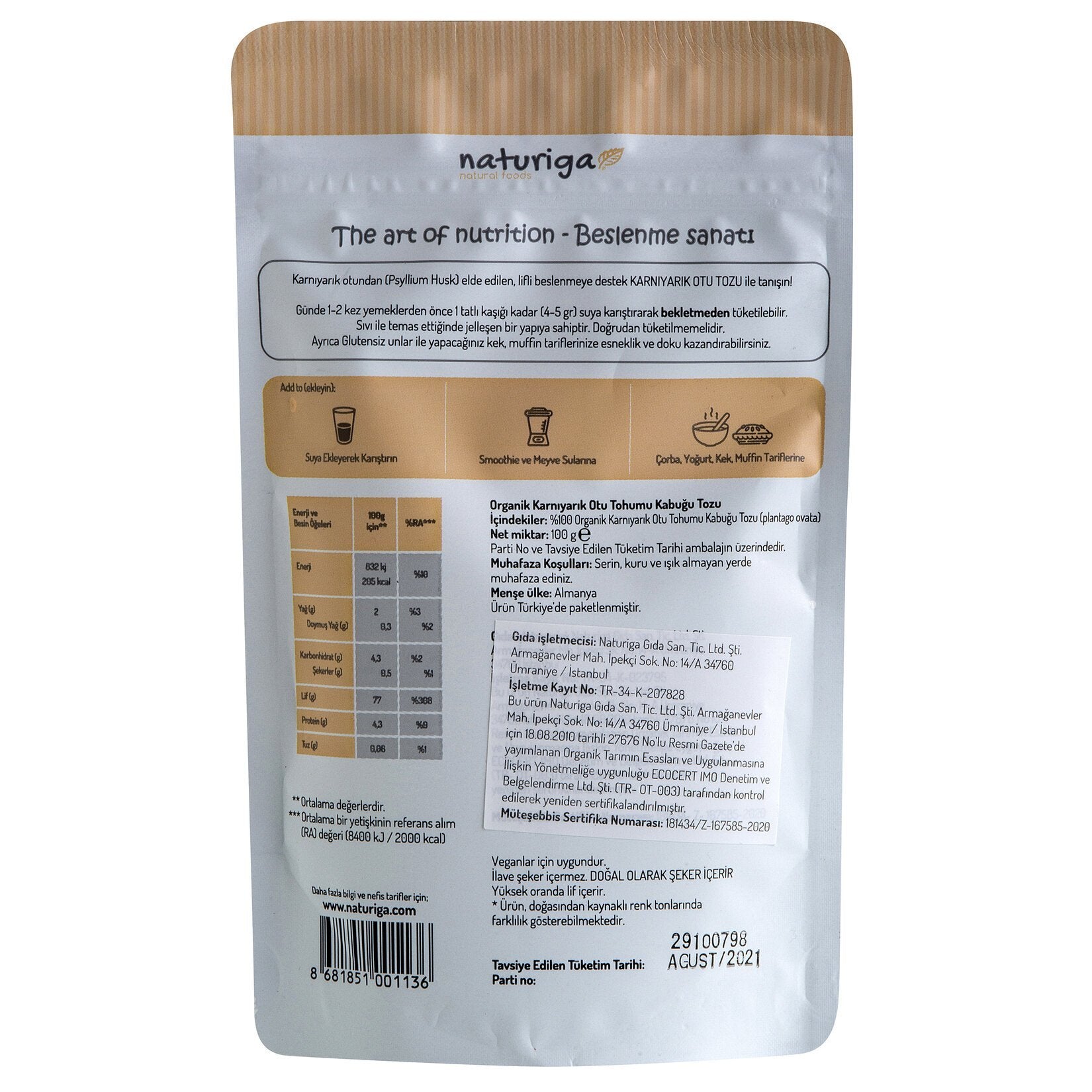 Naturiga Organic Psyllium Husk Powder is a natural source of dietary fiber, perfect for supporting digestive health and wellness.