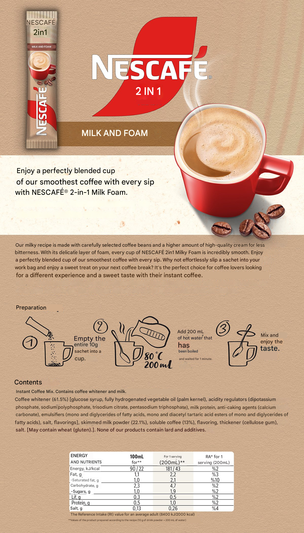 Nescafe 2 in 1 coffee packaging with a red cup and coffee beans on a brown background. How to prepare Nescafe 2-in-1