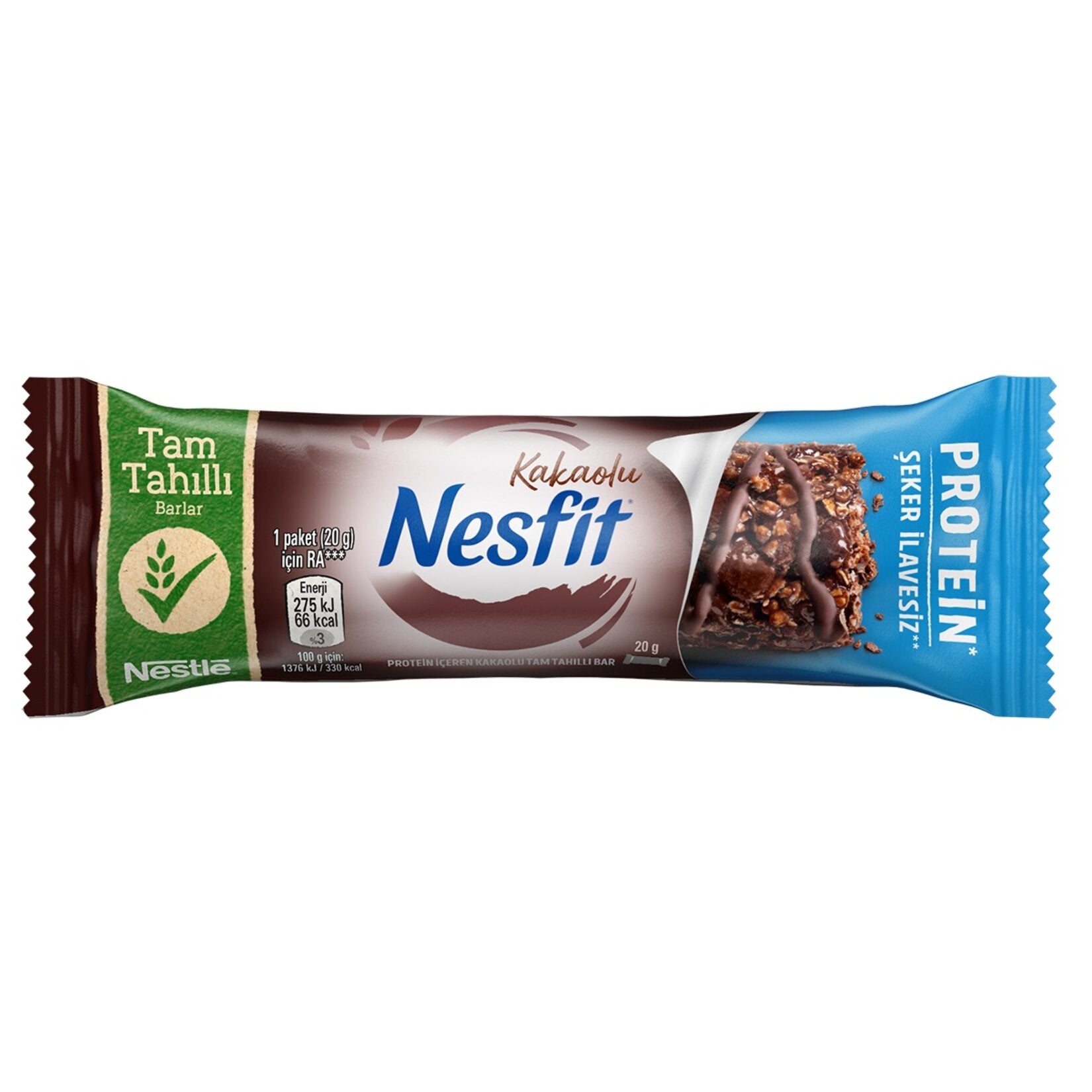 Nesfit Proteinli Kakaolu Tam Tahilli Bar is a convenient, portion-controlled snack made with 40.6% whole grains and enriched with cocoa flavor.