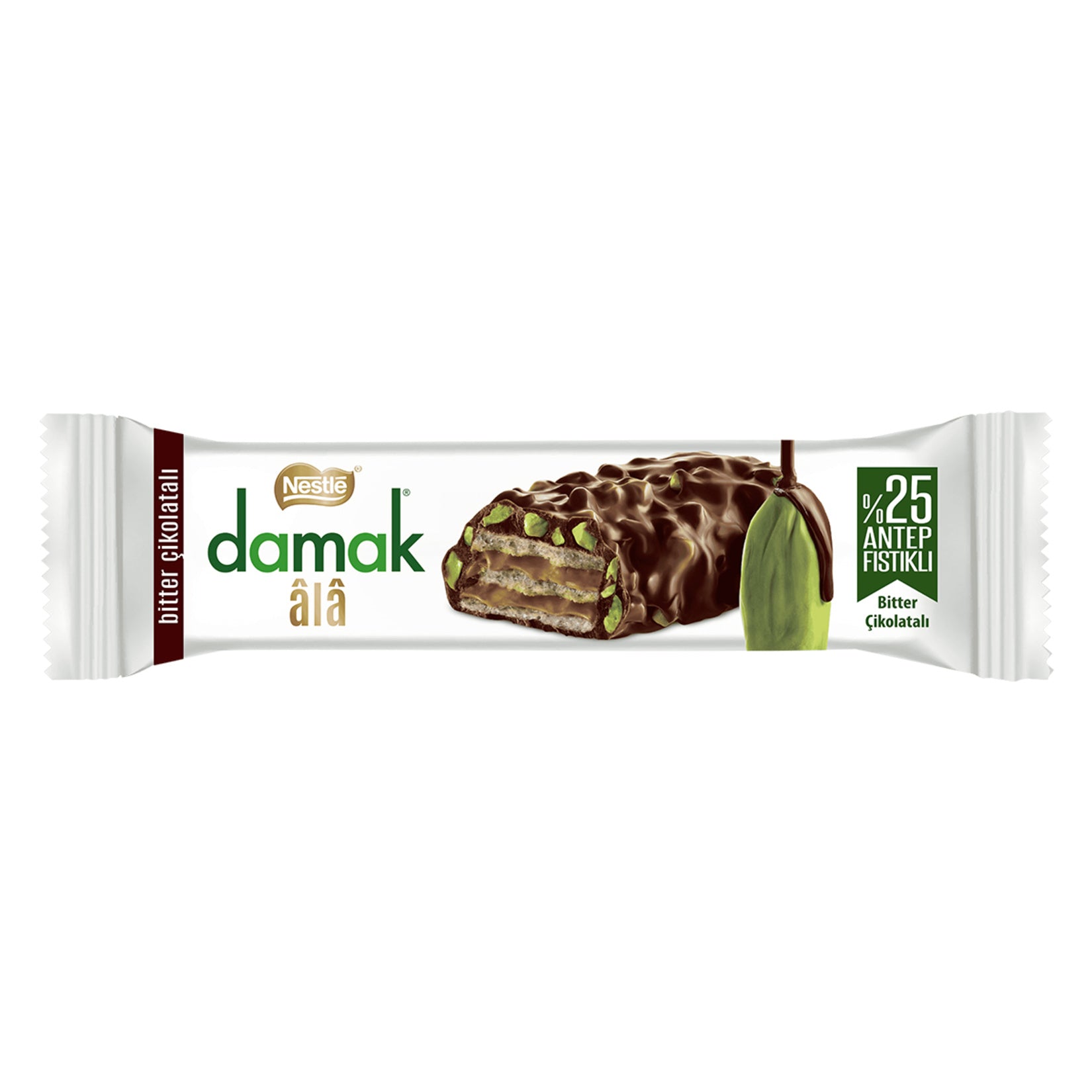Nestle Damak Ala Dark Chocolate Coated Pistachio Wafer brings together the bold taste of dark chocolate and the rich flavor of real Antep pistachios in a perfectly portioned snack bar.