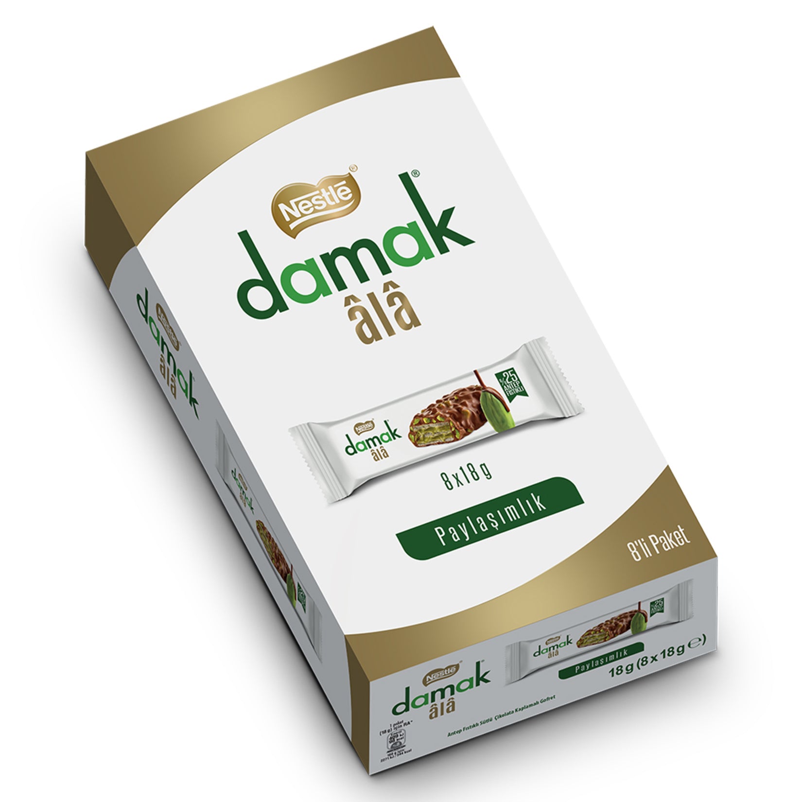 Nestle Damak Ala Pistachio Milk Chocolate Covered Wafer brings together the rich taste of Nestle’s signature Damak pistachio flavor with layers of crispy wafer and smooth milk chocolate.