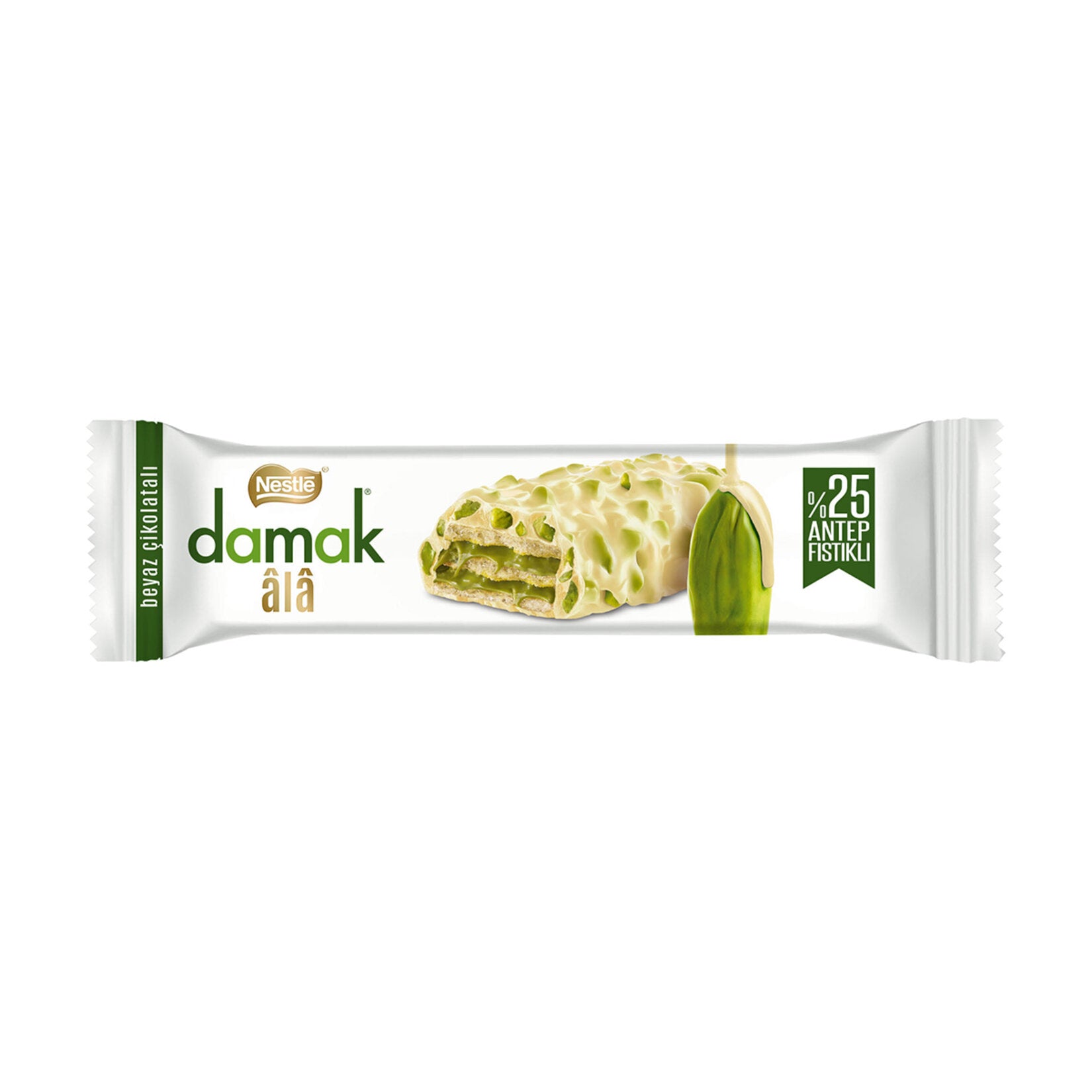 Nestle Damak Ala White Chocolate Pistachio Wafer brings together the smoothness of white chocolate a