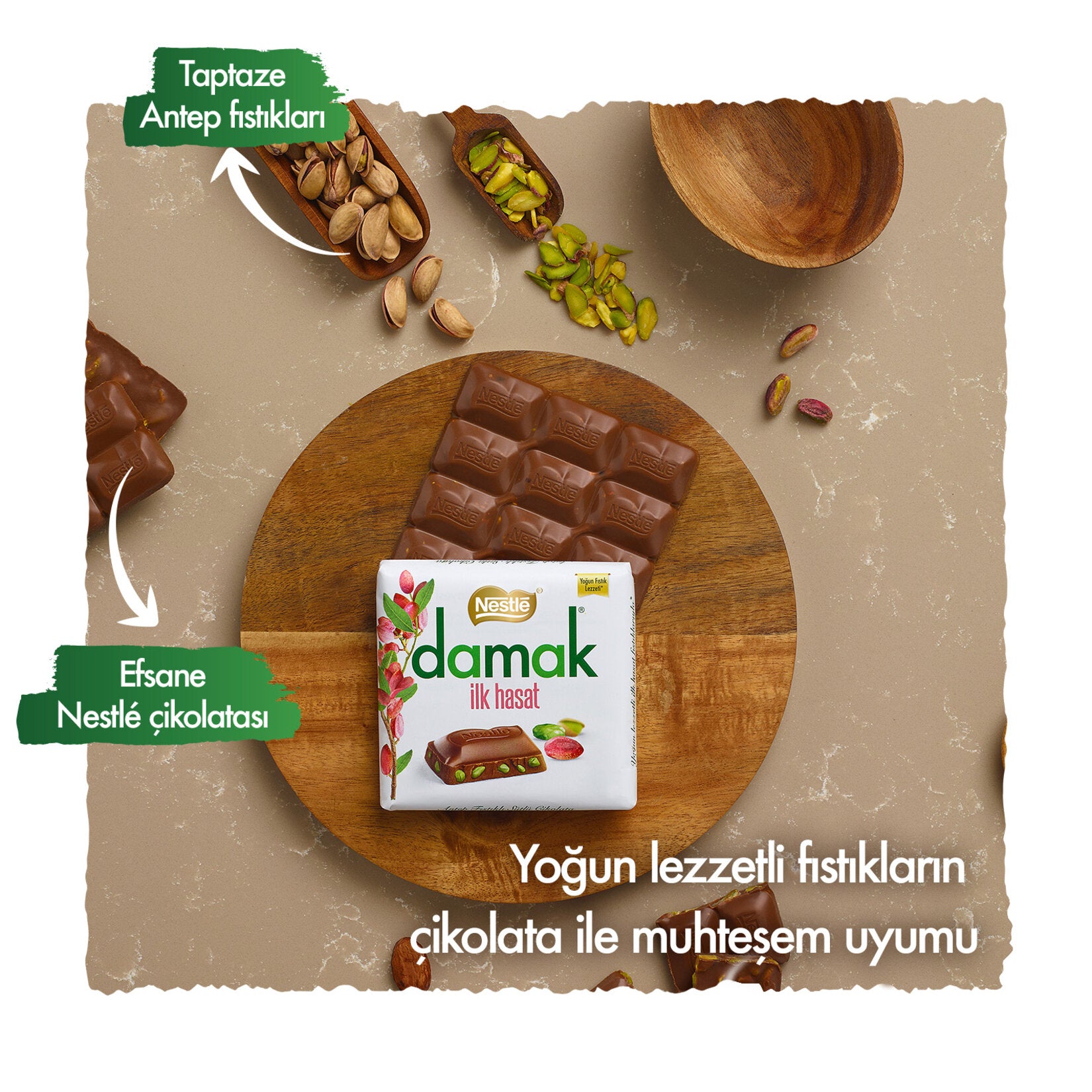 Nestle Damak Ilk Hasat Pistachio Milk Chocolate Bar brings together the rich creaminess of milk chocolate with the bold crunch of first-harvest Antep pistachios.
