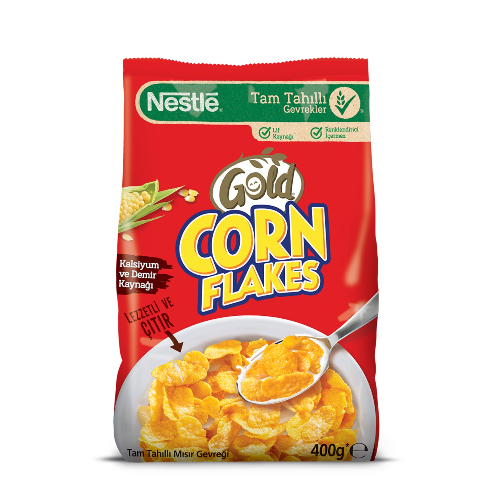 Nestle Gold Corn Flakes Whole Grain Cereal is a crispy and nutritious breakfast option made with corn semolina and 30.2% whole corn.