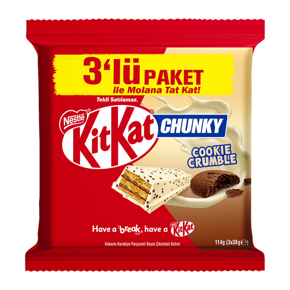 Crunchy, creamy, and extra satisfying, Nestle KitKat Chunky Cookie Crumble brings together a thick wafer bar with white chocolate and cocoa cookie pieces for a bold twist on a classic KitKat experience.