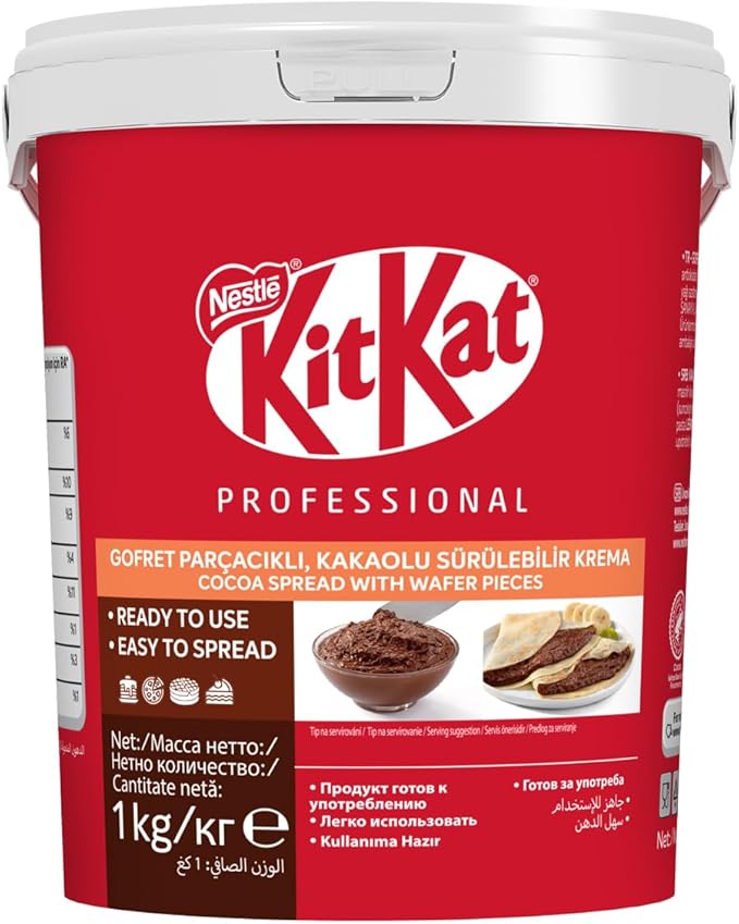 Nestle Professional KitKat Spreadable Chocolate brings the iconic KitKat flavor into a smooth, creamy spread perfect for bakeries, cafes, and home kitchens.