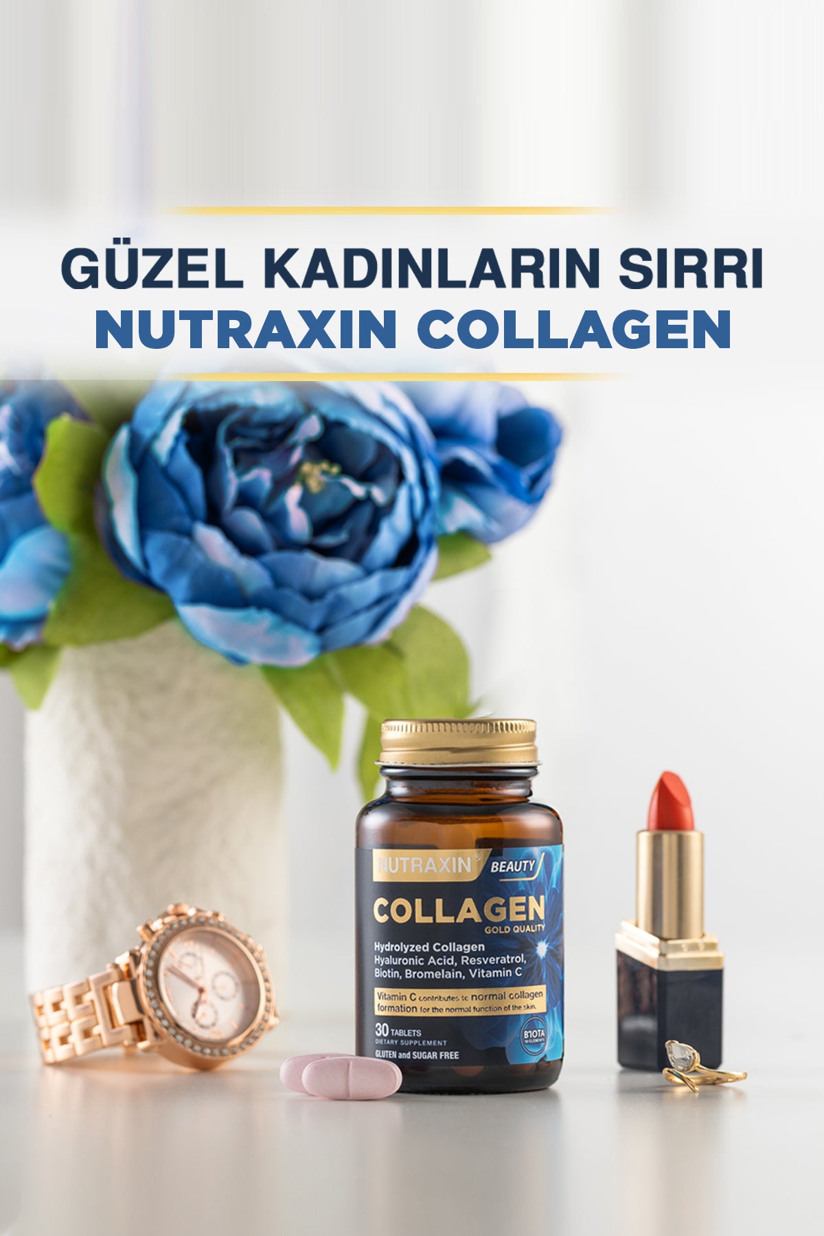 Nutraxin Hydrolyzed Collagen 1050mg Tablets provide a comprehensive beauty-focused formula combining Type I and Type III Bovine Collagen with Resveratrol, Hyaluronic Acid, Bromelain, Biotin, and Zinc.