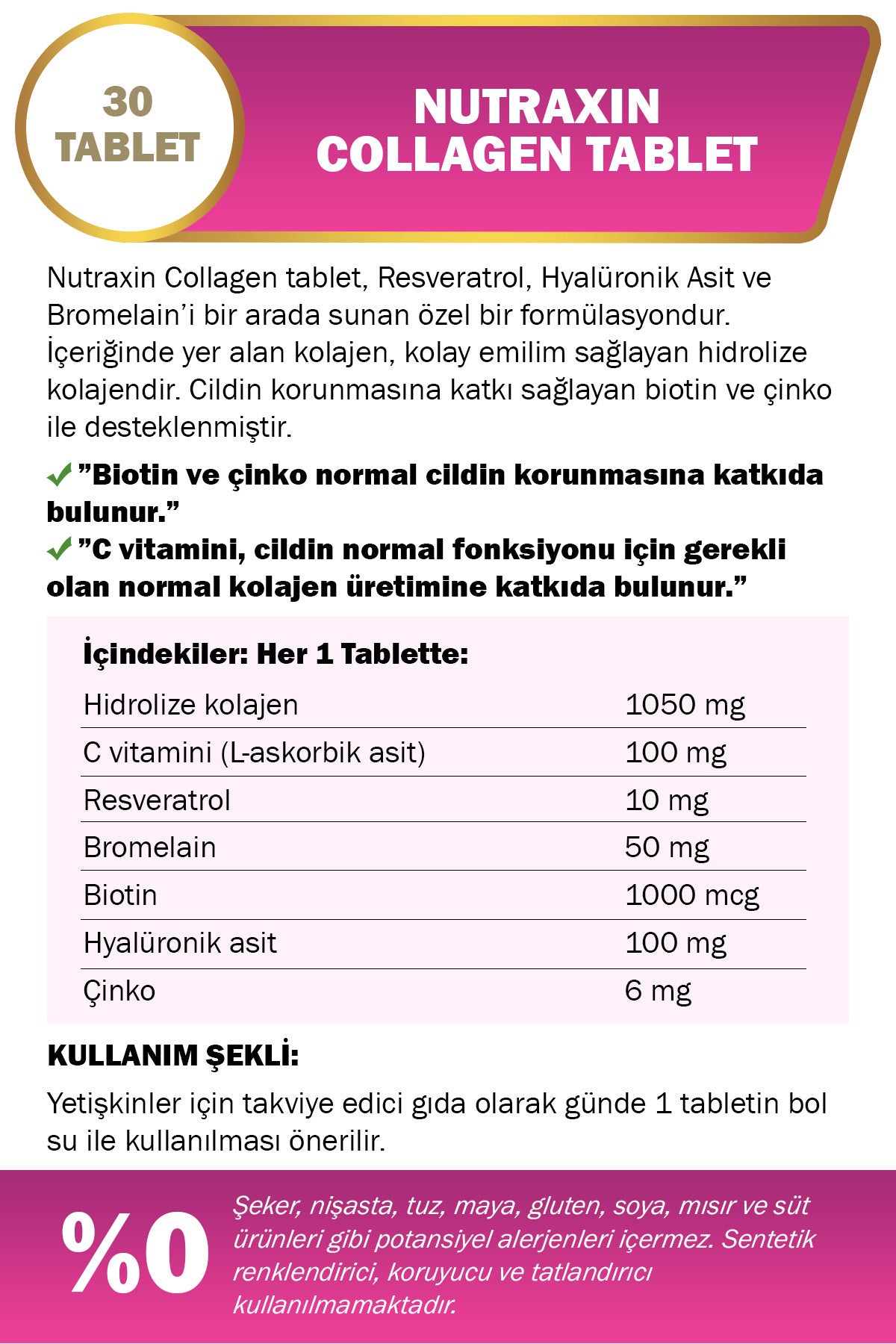 Nutraxin Hydrolyzed Collagen 1050mg Tablets provide a comprehensive beauty-focused formula combining Type I and Type III Bovine Collagen with Resveratrol, Hyaluronic Acid, Bromelain, Biotin, and Zinc.