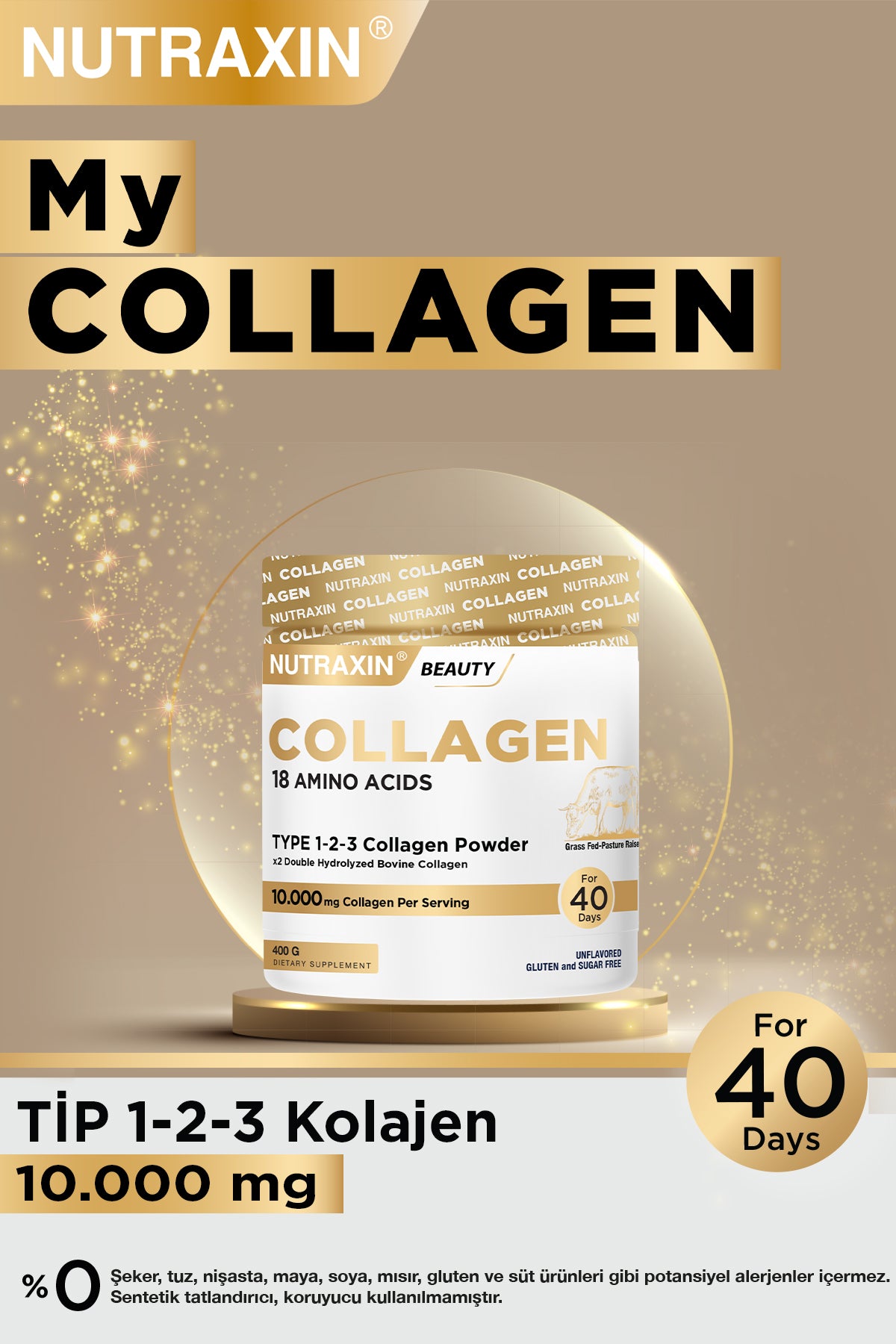 Nutraxin My Collagen Type 1, Type 2, and Type 3 is a comprehensive collagen formula providing three essential collagen types in one unflavored powder.