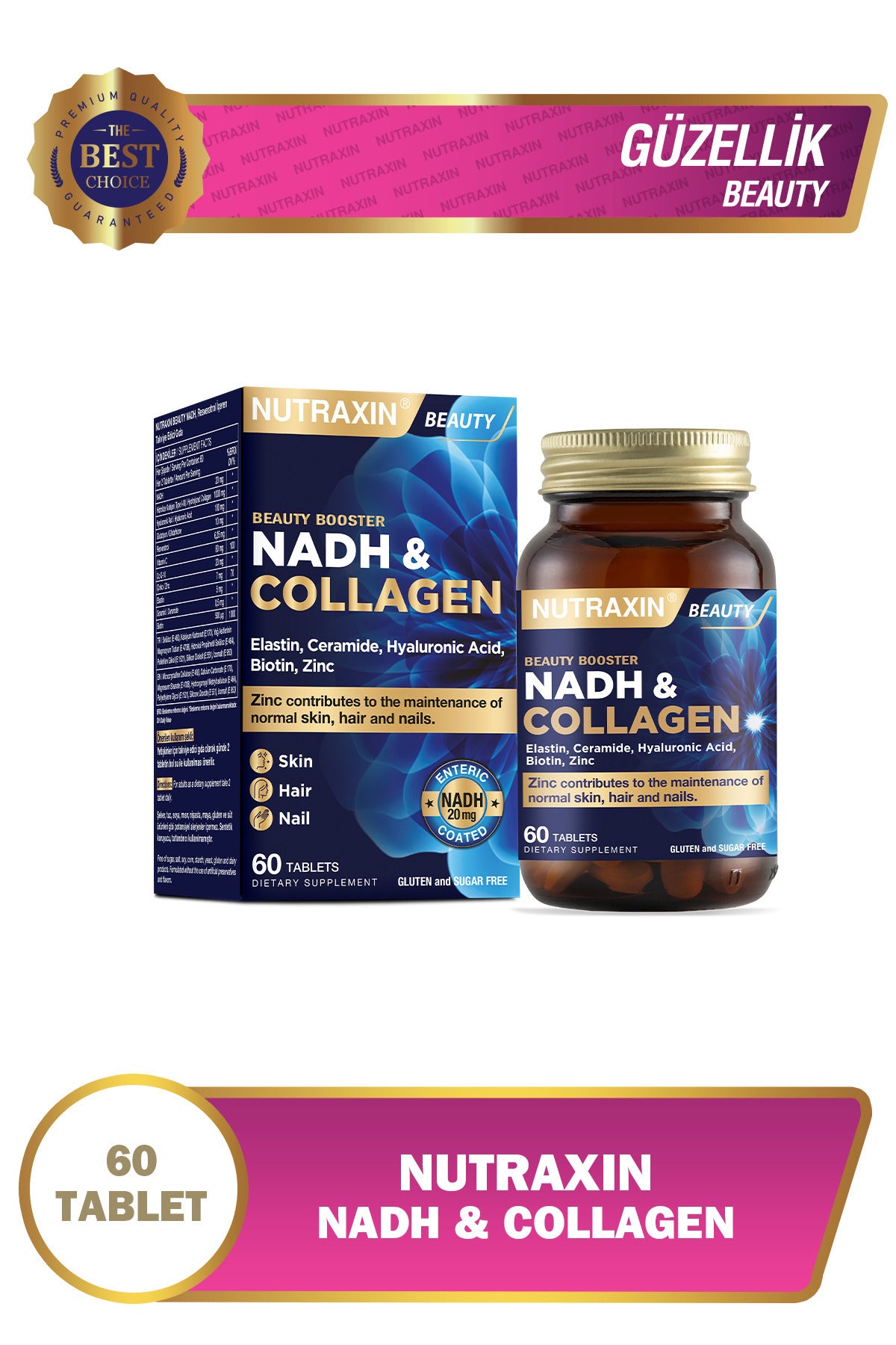 Nutraxin Beauty Booster NADH & Collagen is a comprehensive beauty and vitality formula designed for adults who want to support skin elasticity, hair strength, nail health, and daily energy metabolism.