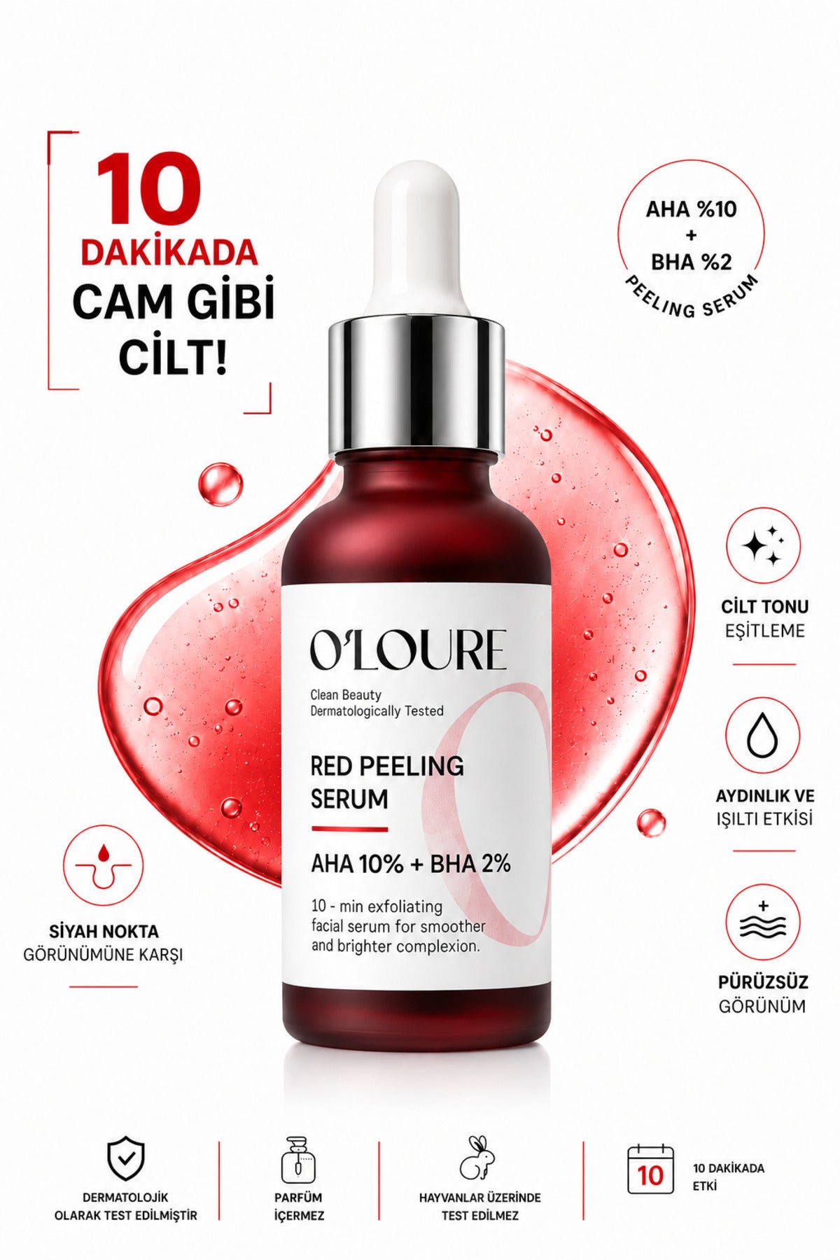 O'loure Beauty Red Peeling Serum AHA 10% + BHA 2% is a powerful yet balanced chemical exfoliating serum designed to refine skin texture, improve uneven tone, and support a smoother, brighter-looking complexion.